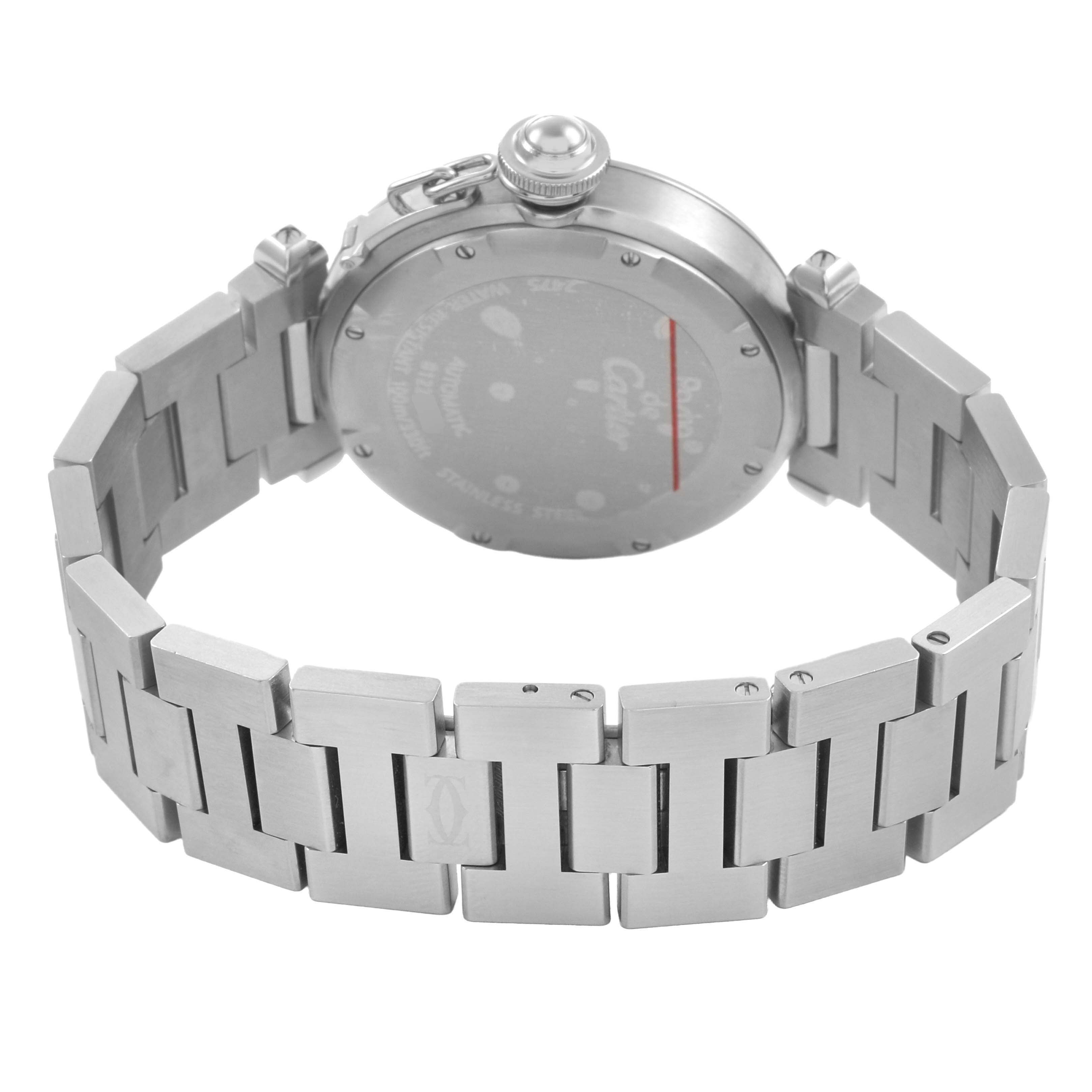 The Cartier Pasha W31058M7 Women's Stainless Steel Pink Dial watch is shown from the back, highlighting the case, bracelet, and crown.
