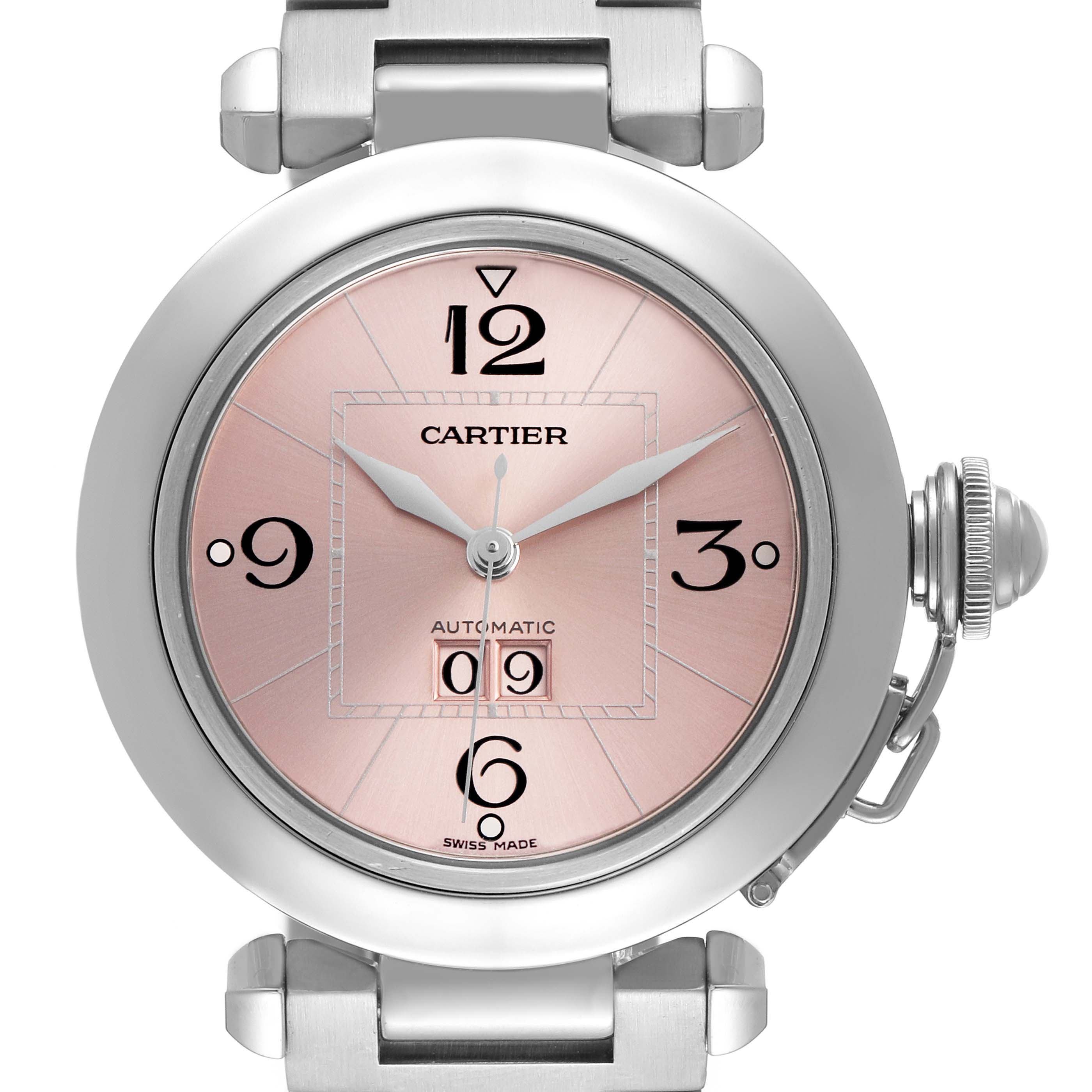 The Cartier Pasha W31058M7 Women's Stainless Steel Pink Dial watch is shown from the front, highlighting its pink dial, numerals, hands, and a visible crown with a protector.