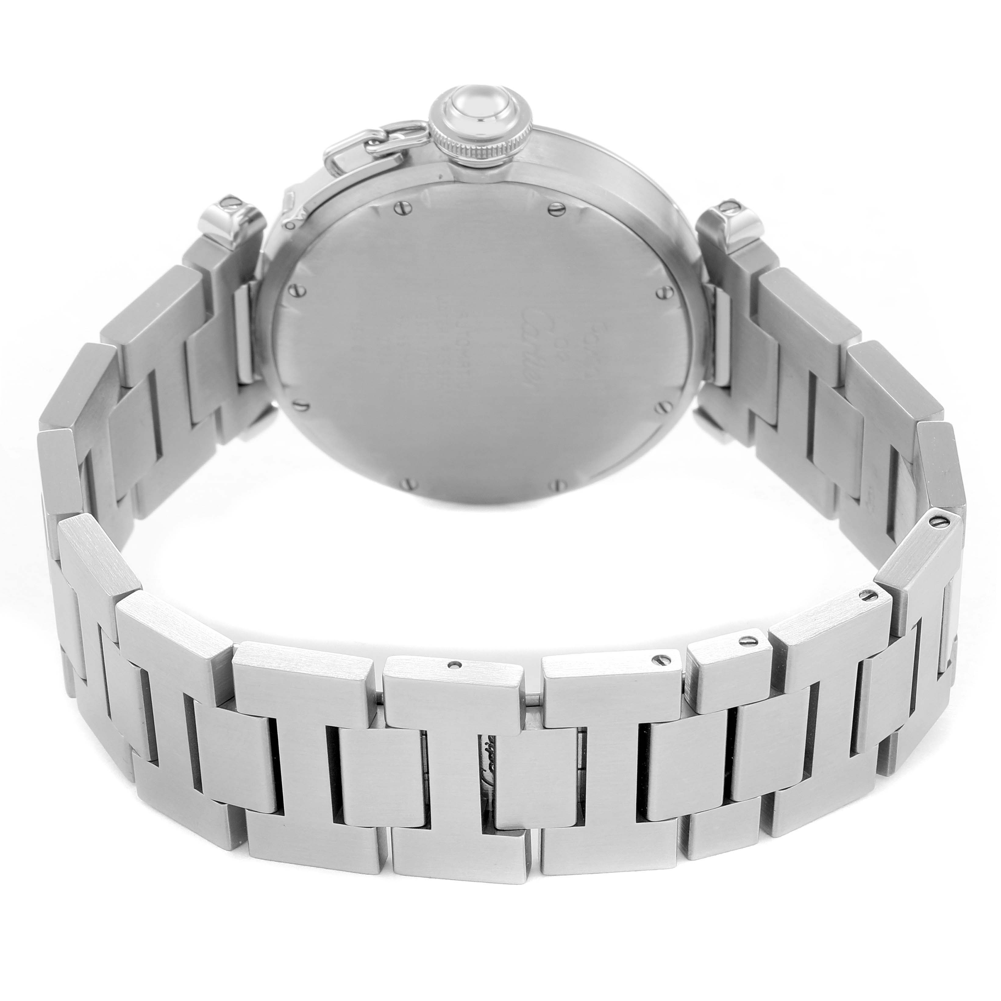 The image shows the back and bracelet of a Cartier Pasha W31024M7 Men
s Stainless Steel Pink Dial watch, highlighting the stainless steel links and case back.