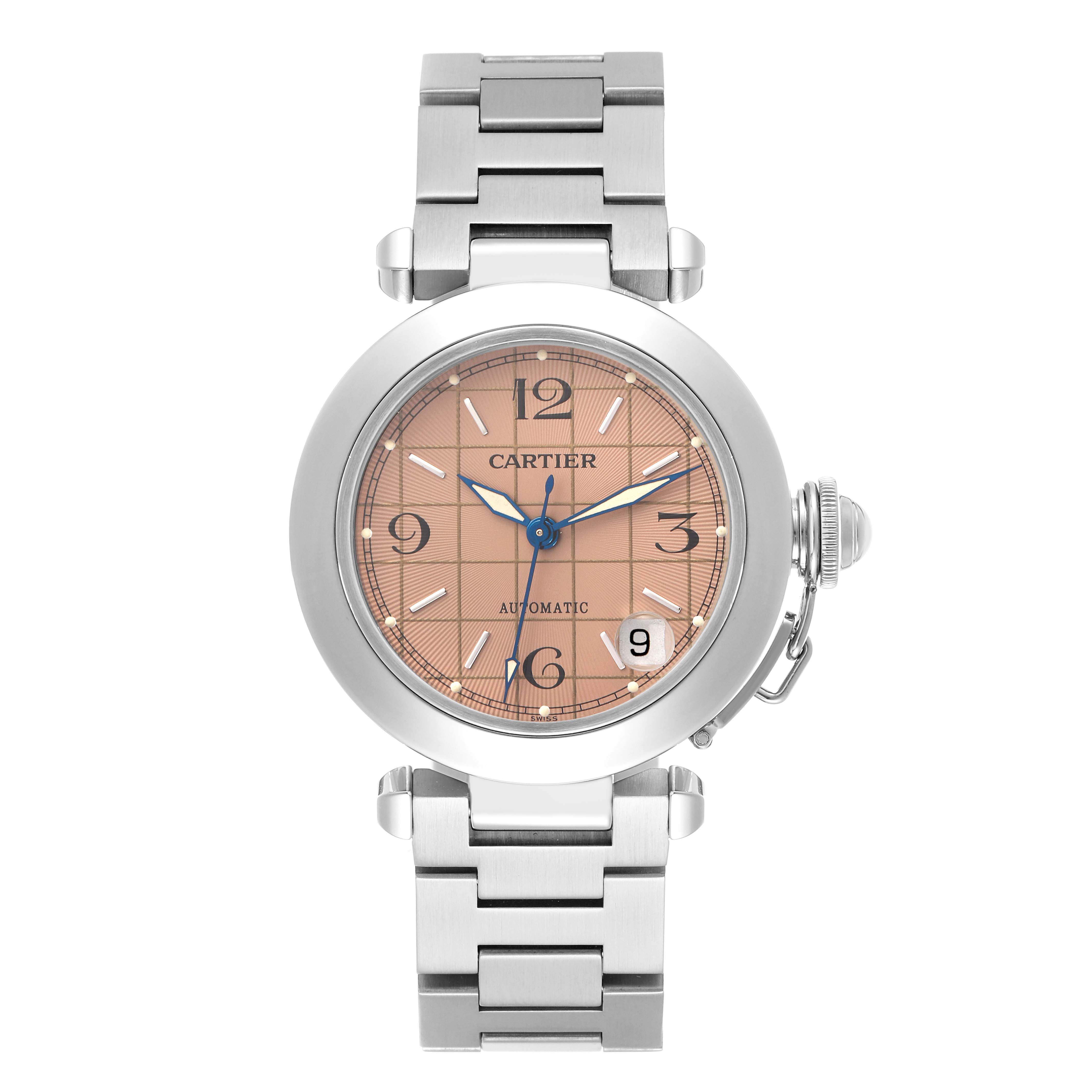 The Cartier Pasha W31024M7 Men
s Stainless Steel Pink Dial watch is shown in a front view, highlighting its dial, crown, and bracelet.