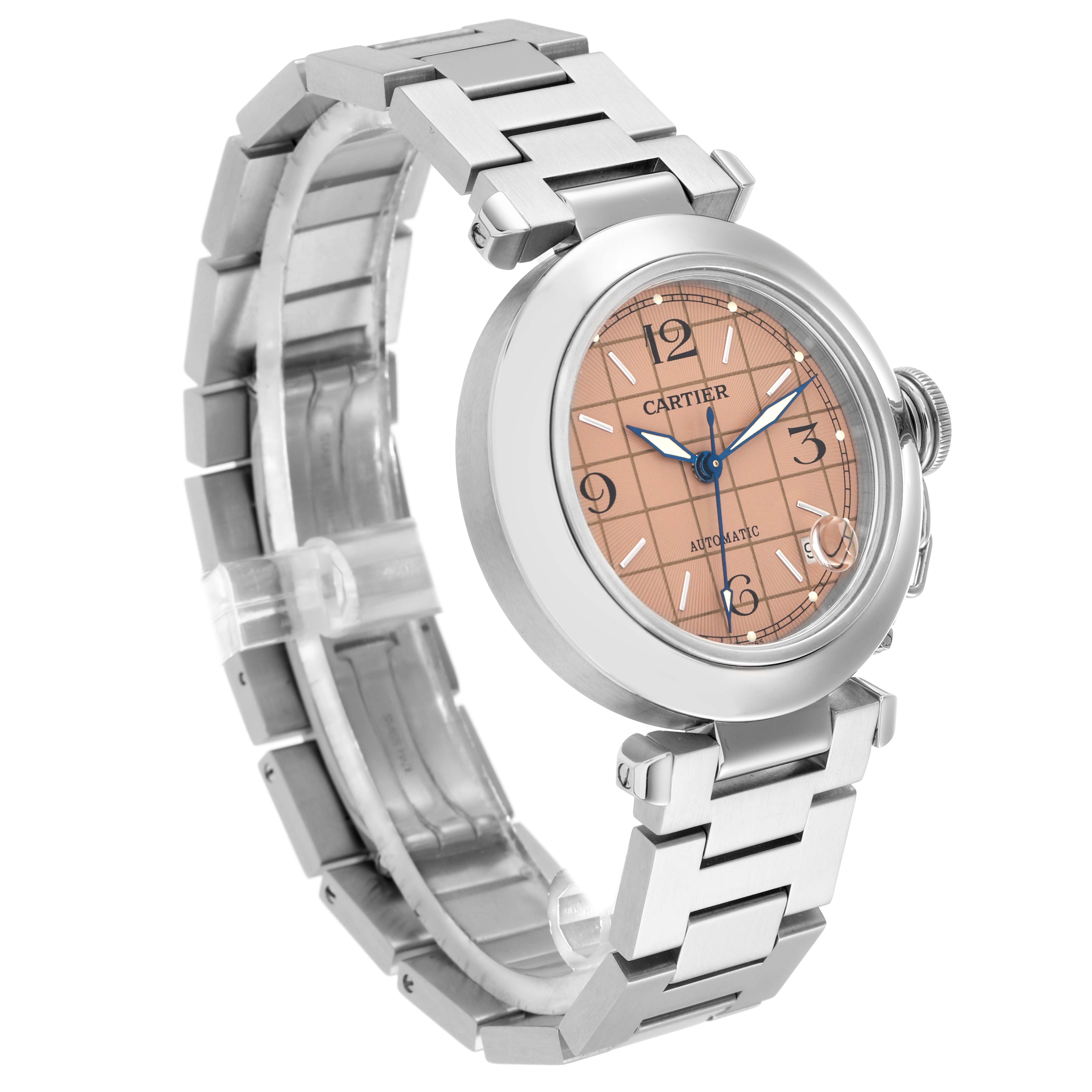 The Cartier Pasha W31024M7 Men
s Stainless Steel Pink Dial watch is shown at a slight angle, displaying its face, bezel, and metal bracelet.