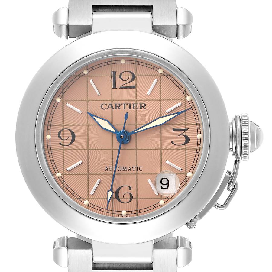 The image shows a front view of the Cartier Pasha W31024M7 men's watch, highlighting the dial, case, crown, and parts of the bracelet.