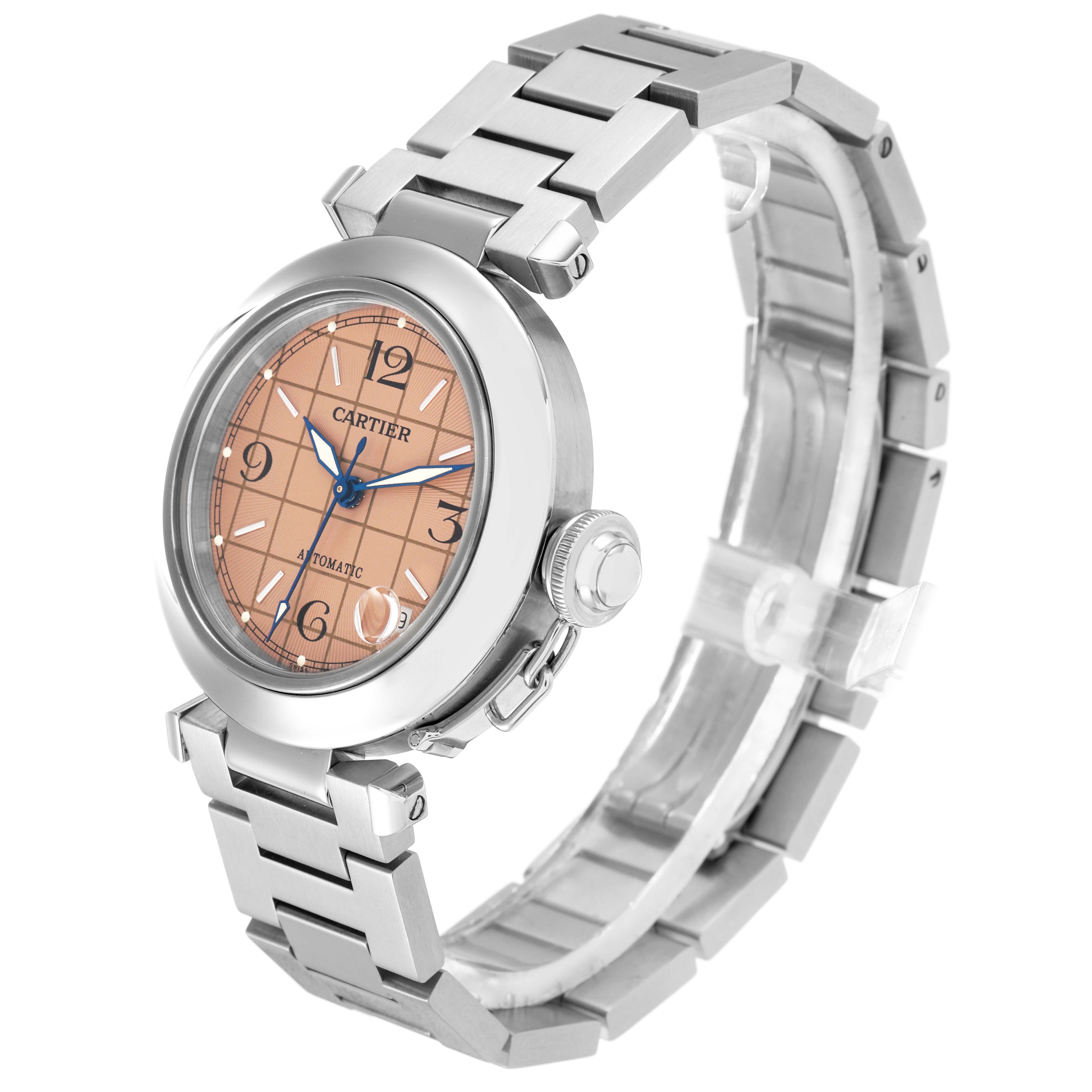 The Cartier Pasha W31024M7 Men
s Stainless Steel Pink Dial watch is shown at a three-quarter angle, highlighting the face, bezel, and bracelet.