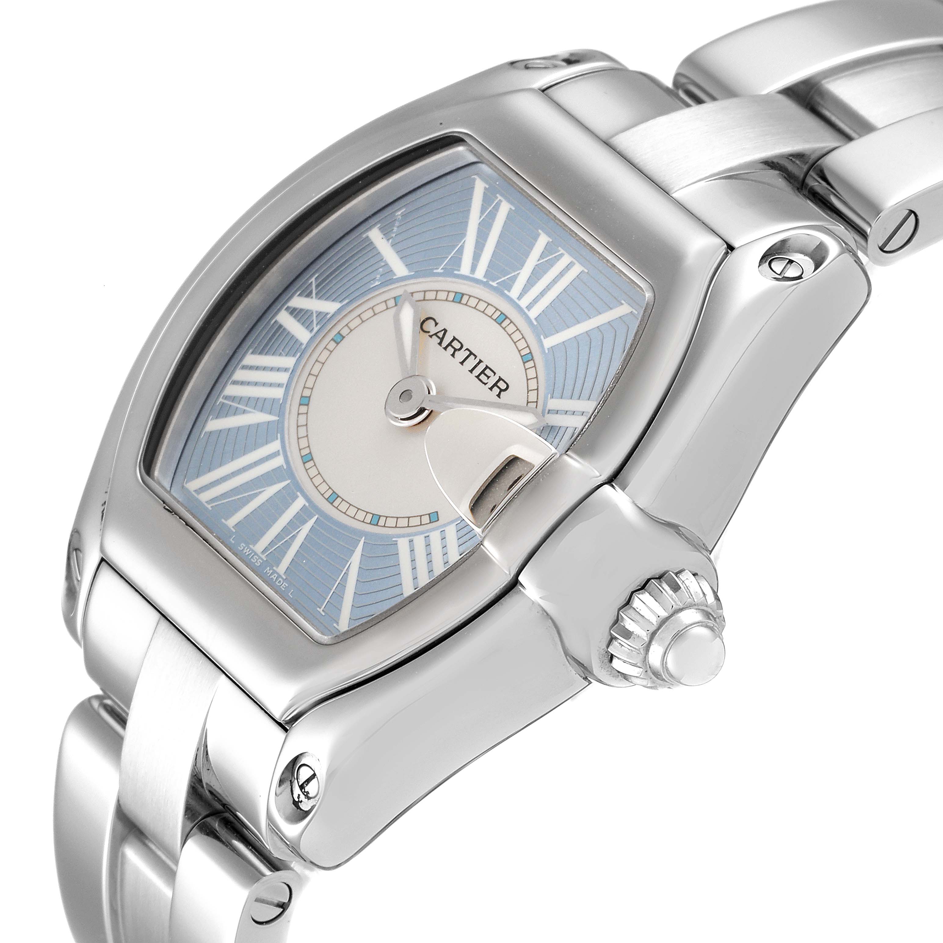 The image shows a close-up of the face and bracelet of a Cartier Roadster W62053V3 Women's Stainless Steel Blue Dial W62053V3 Women's Stainless Steel Blue Dial watch from an angled perspective.