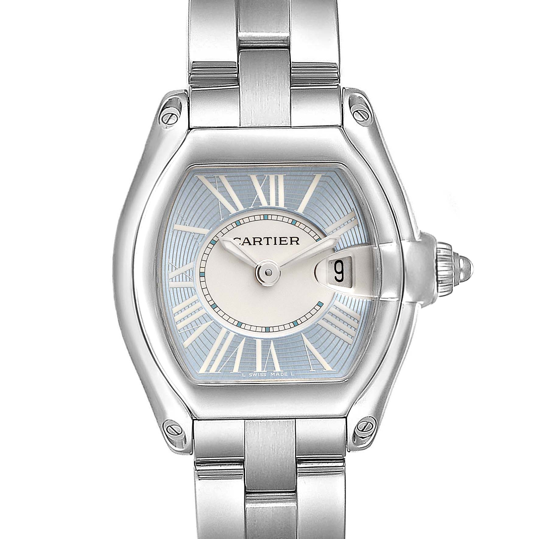 The image displays a Cartier Roadster W62053V3 Women's Stainless Steel Blue Dial W62053V3 Women's Stainless Steel Blue Dial watch, viewed from the front, highlighting the dial, hour markers, hands, date window, and bracelet.