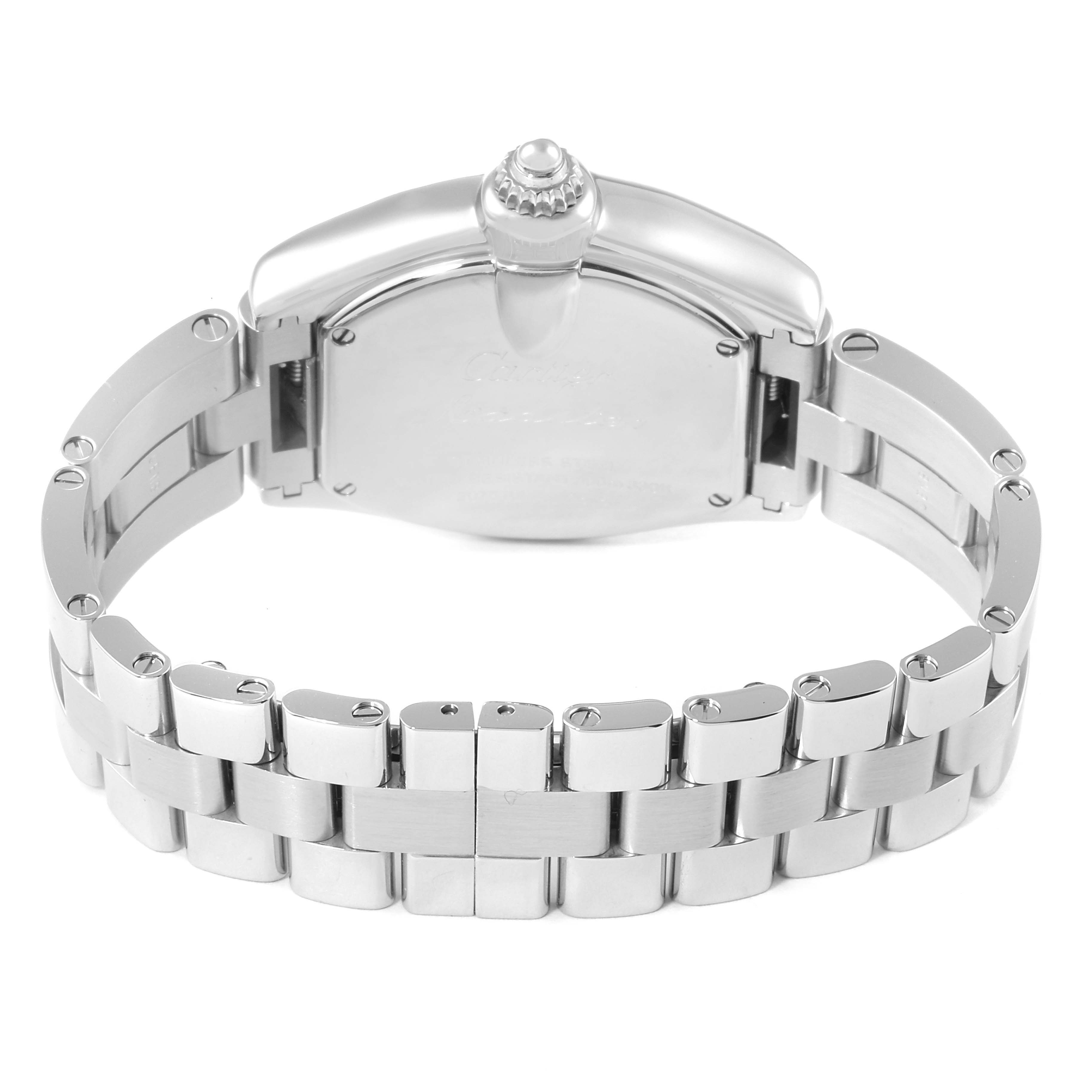 The image shows the back view of a Cartier Roadster W62053V3 Women's Stainless Steel Blue Dial W62053V3 Women's Stainless Steel Blue Dial watch, highlighting its stainless steel case and bracelet.