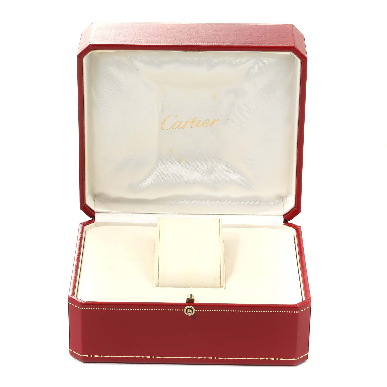 This image shows an open luxury presentation box for the Roadster model by Cartier, lined with white fabric and featuring the Cartier logo.