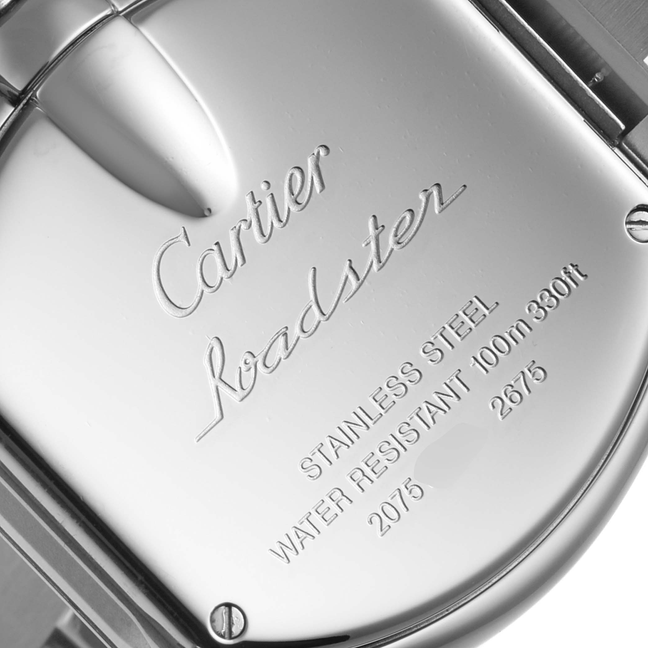 The image shows the back case of a Cartier Roadster W62053V3 Women's Stainless Steel Blue Dial W62053V3 Women's Stainless Steel Blue Dial watch, highlighting engravings of the brand, model, and specifications.