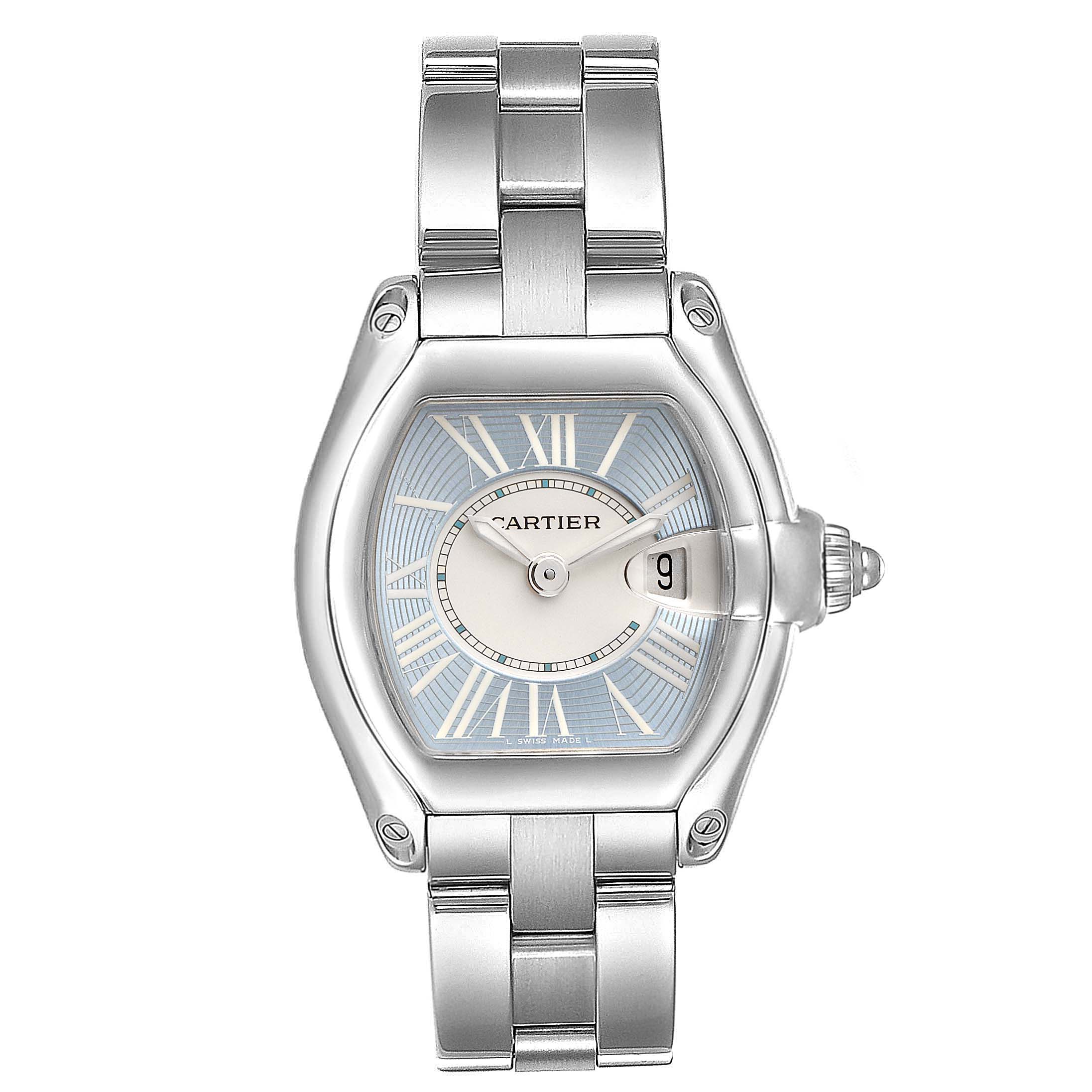This image shows a front view of the Cartier Roadster W62053V3 Women's Stainless Steel Blue Dial W62053V3 Women's Stainless Steel Blue Dial watch, displaying its face, dial, and metal bracelet.