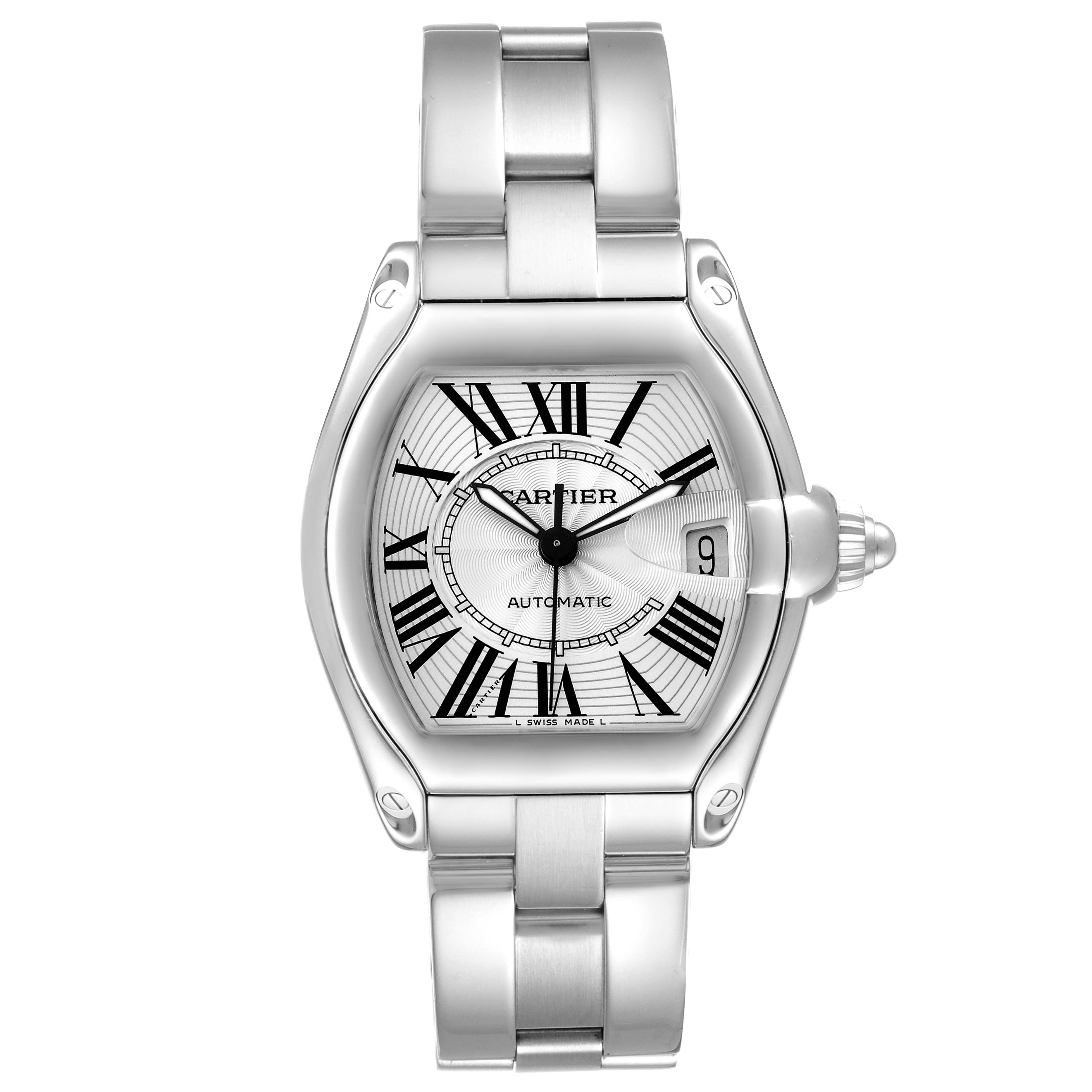 The Cartier Roadster W62025V3 Men
s Stainless Steel Silver Dial watch is shown from a top-down angle, highlighting its dial, crown, and bracelet.