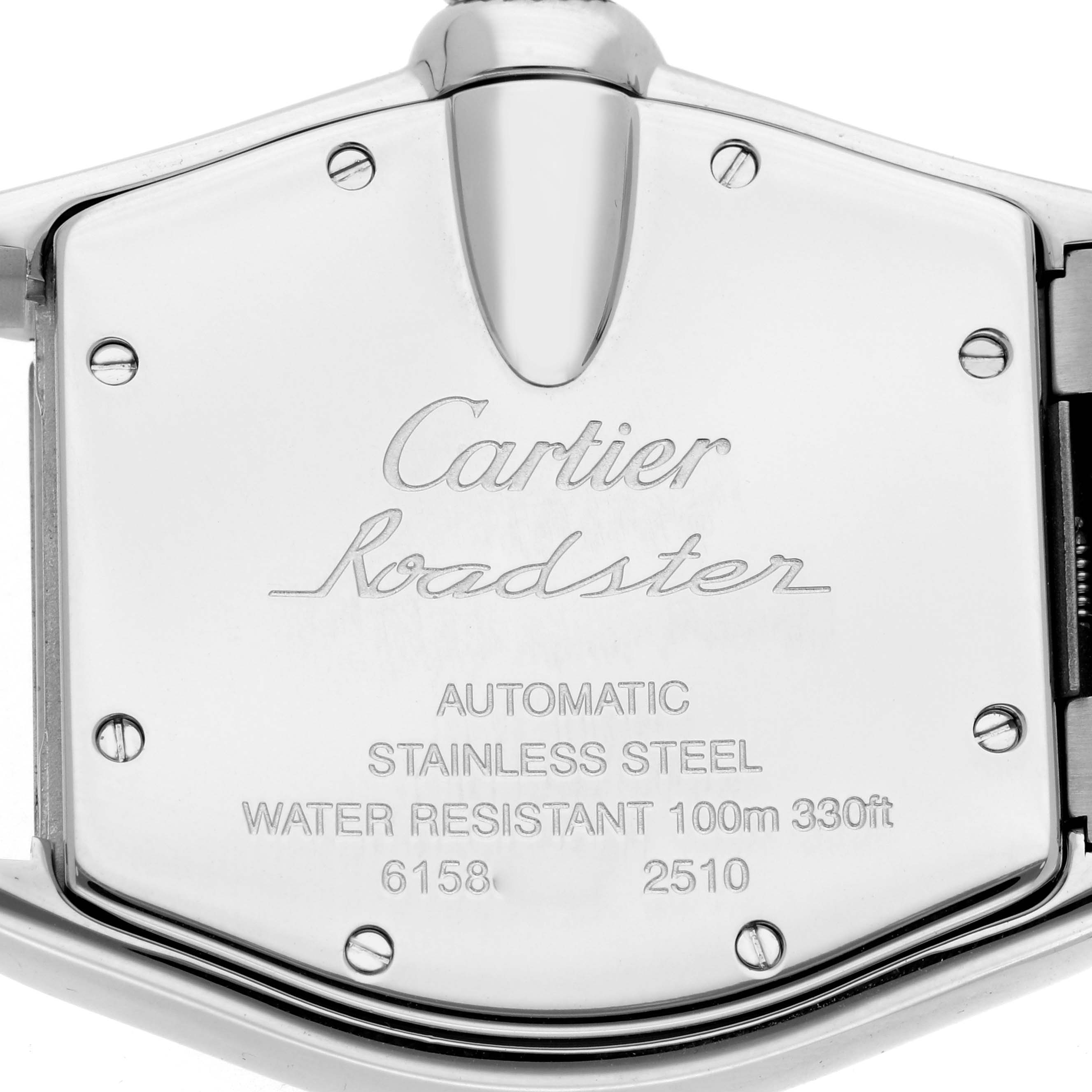 The image shows the back casing of a Cartier Roadster W62025V3 Men
s Stainless Steel Silver Dial watch, highlighting its model engraving and water resistance details.