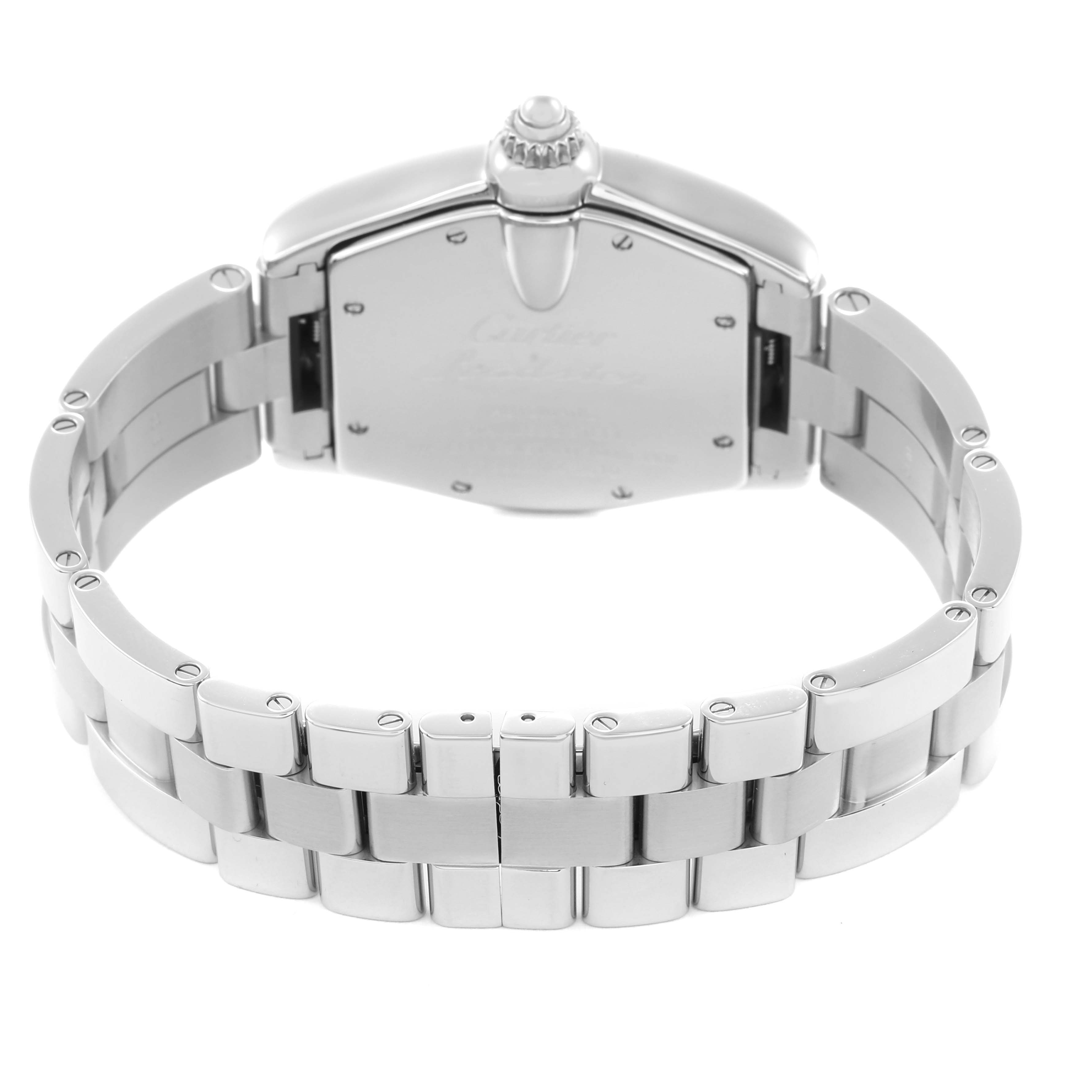 The Cartier Roadster W62025V3 Men
s Stainless Steel Silver Dial watch is shown from the back, displaying the bracelet and case back.