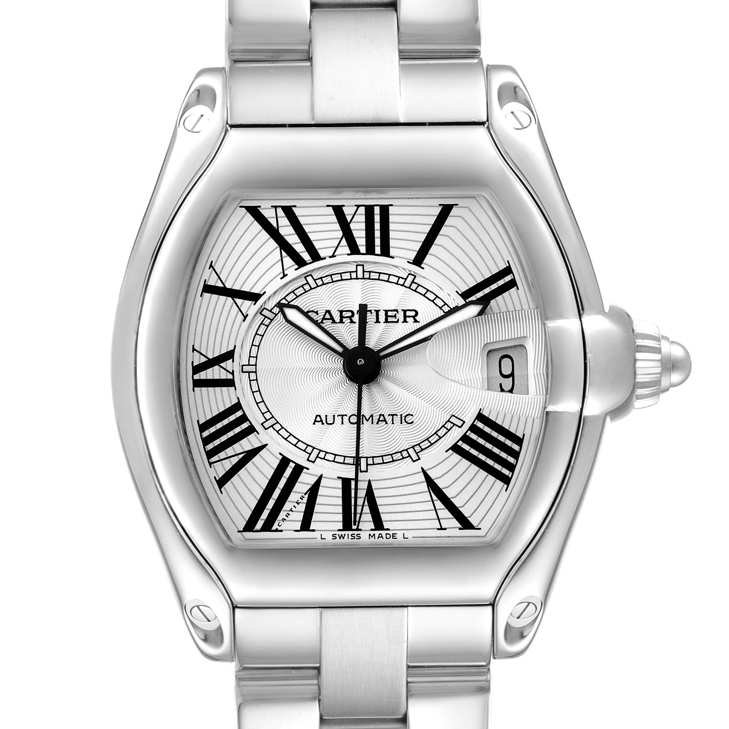 The Cartier Roadster W62025V3 Men
s Stainless Steel Silver Dial watch is shown from the front, highlighting the dial, case, and part of the bracelet.