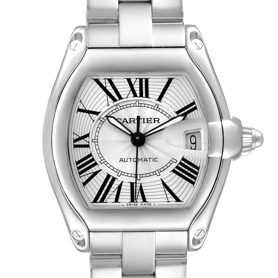 This image shows a frontal view of the Cartier Roadster model W62025V3 men's watch, highlighting the dial, Roman numerals, date window, and bracelet.