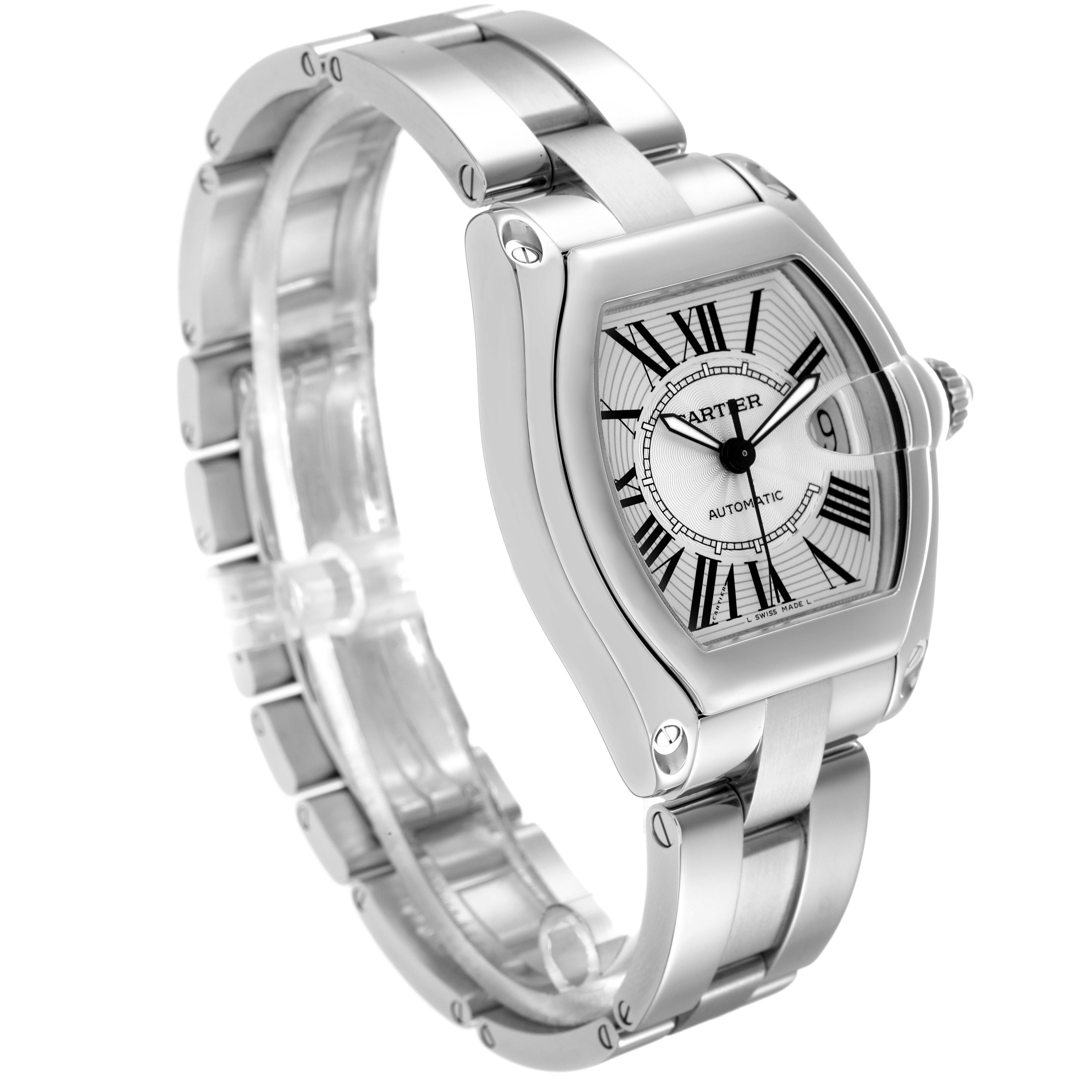 The Cartier Roadster W62025V3 Men
s Stainless Steel Silver Dial watch is shown at a three-quarter angle, highlighting the case, dial, and bracelet.