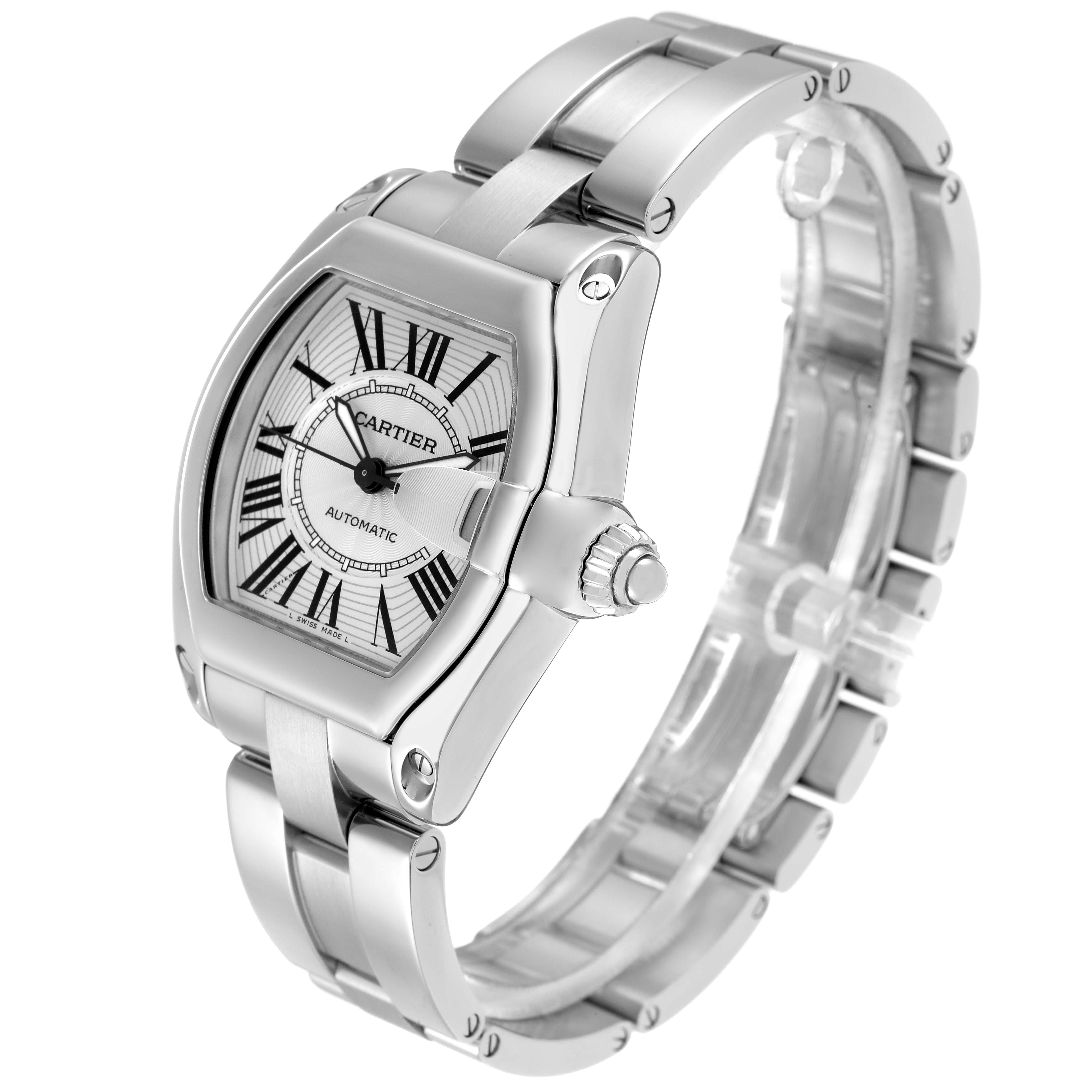 The Cartier Roadster W62025V3 Men
s Stainless Steel Silver Dial watch is shown at an angle, highlighting the face, bezel, crown, and bracelet.