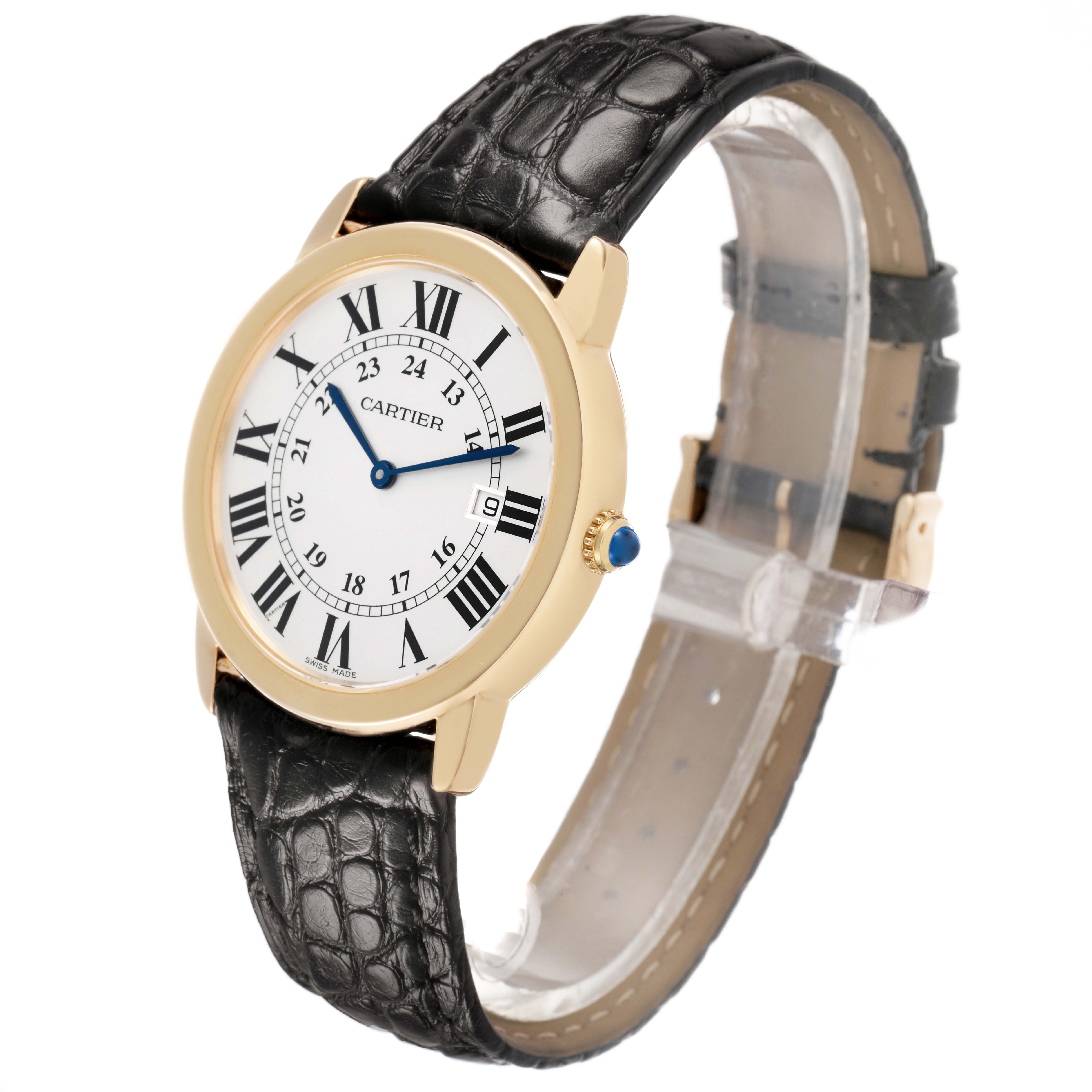 The Cartier Ronde W6700455 Men's Yellow Gold Silver Dial watch is shown at a three-quarter angle, highlighting its round case, Roman numerals, and leather strap.