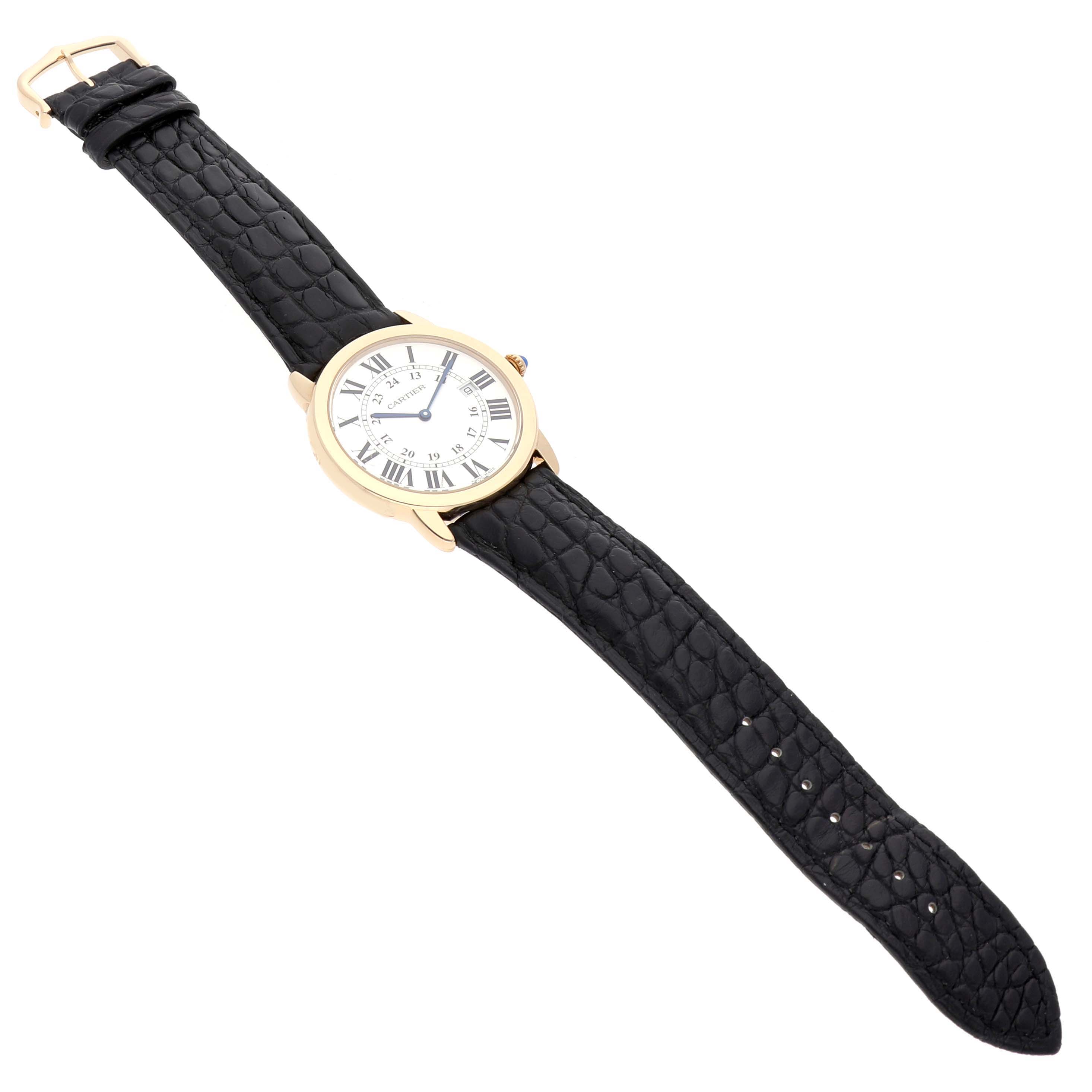 The Cartier Ronde W6700455 Men's Yellow Gold Silver Dial watch is shown from an angled top view, displaying the entire face and black leather strap.