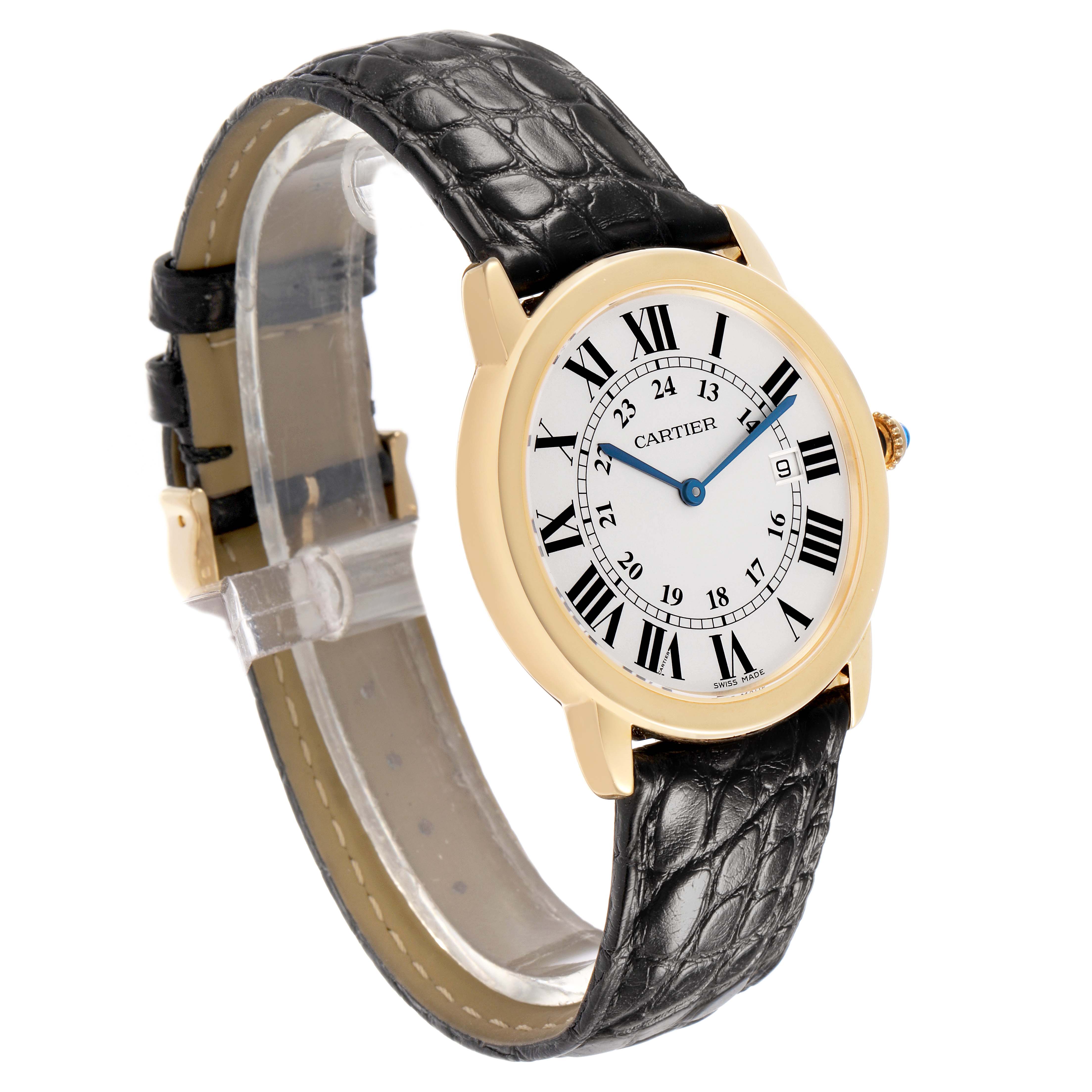 The Cartier Ronde W6700455 Men's Yellow Gold Silver Dial watch is shown at a three-quarter angle featuring a gold case, black leather strap, and Roman numeral dial.
