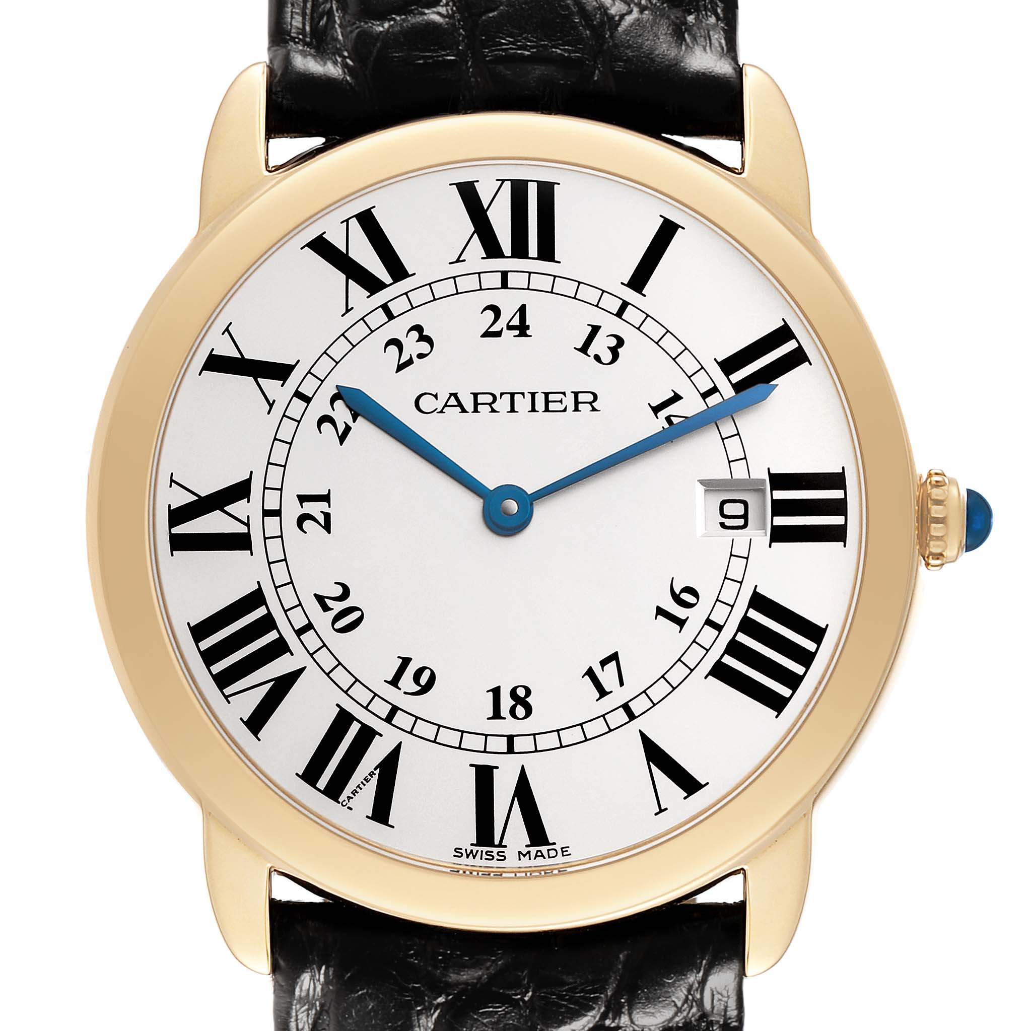 The Cartier Ronde W6700455 Men's Yellow Gold Silver Dial model is shown from the front, displaying the dial, Roman numerals, and date window.