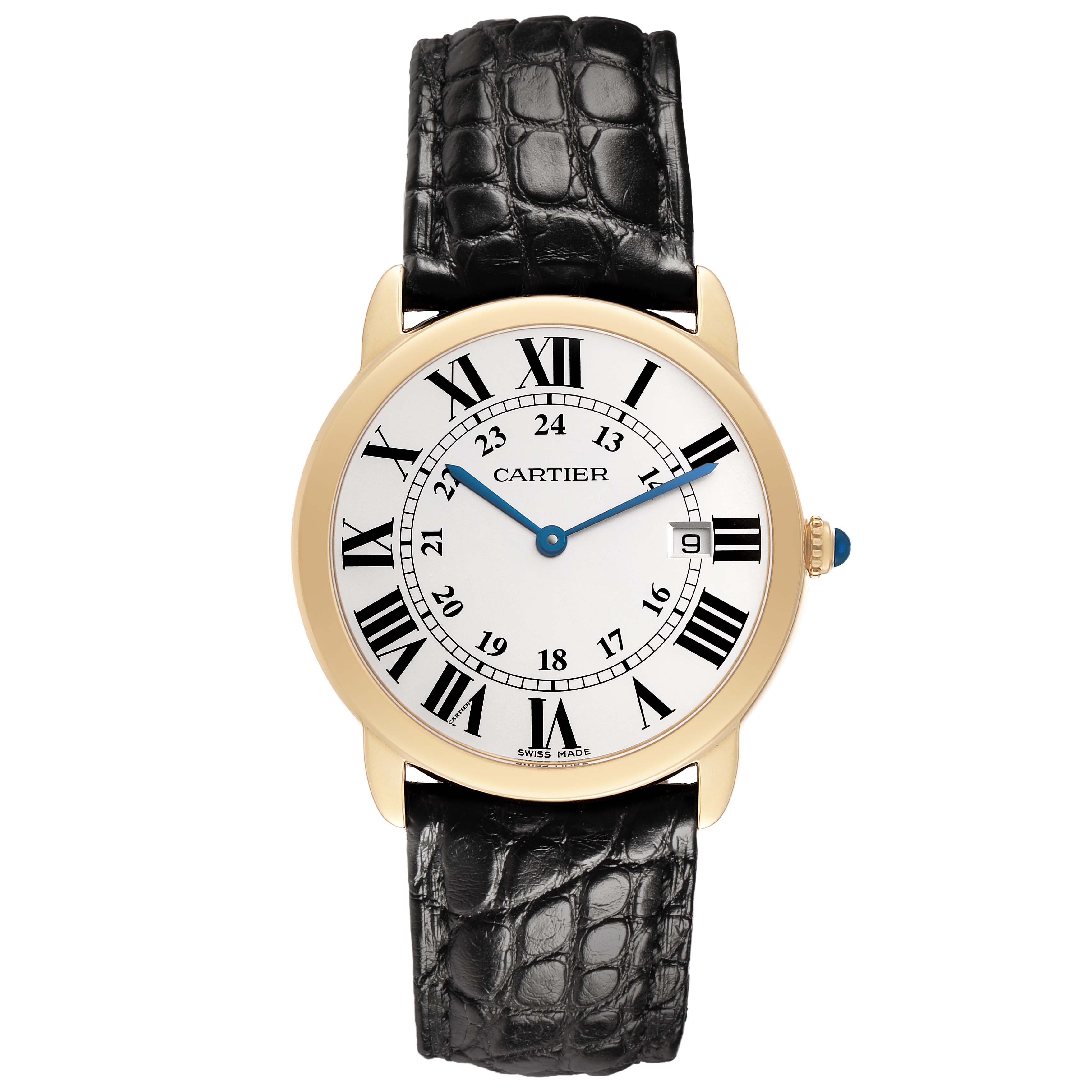 The Cartier Ronde W6700455 Men's Yellow Gold Silver Dial watch is shown from a top-down angle, highlighting its Roman numeral dial, gold case, and black leather strap.