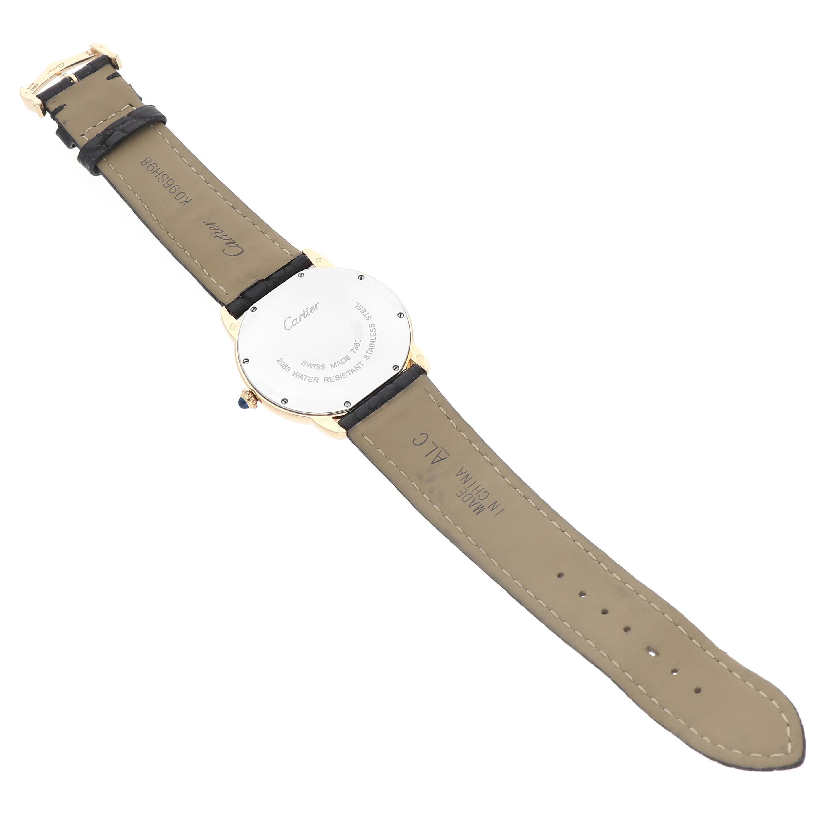The image shows the back view of the Cartier Ronde W6700455 Men's Yellow Gold Silver Dial watch, highlighting its case back, straps, and buckle.