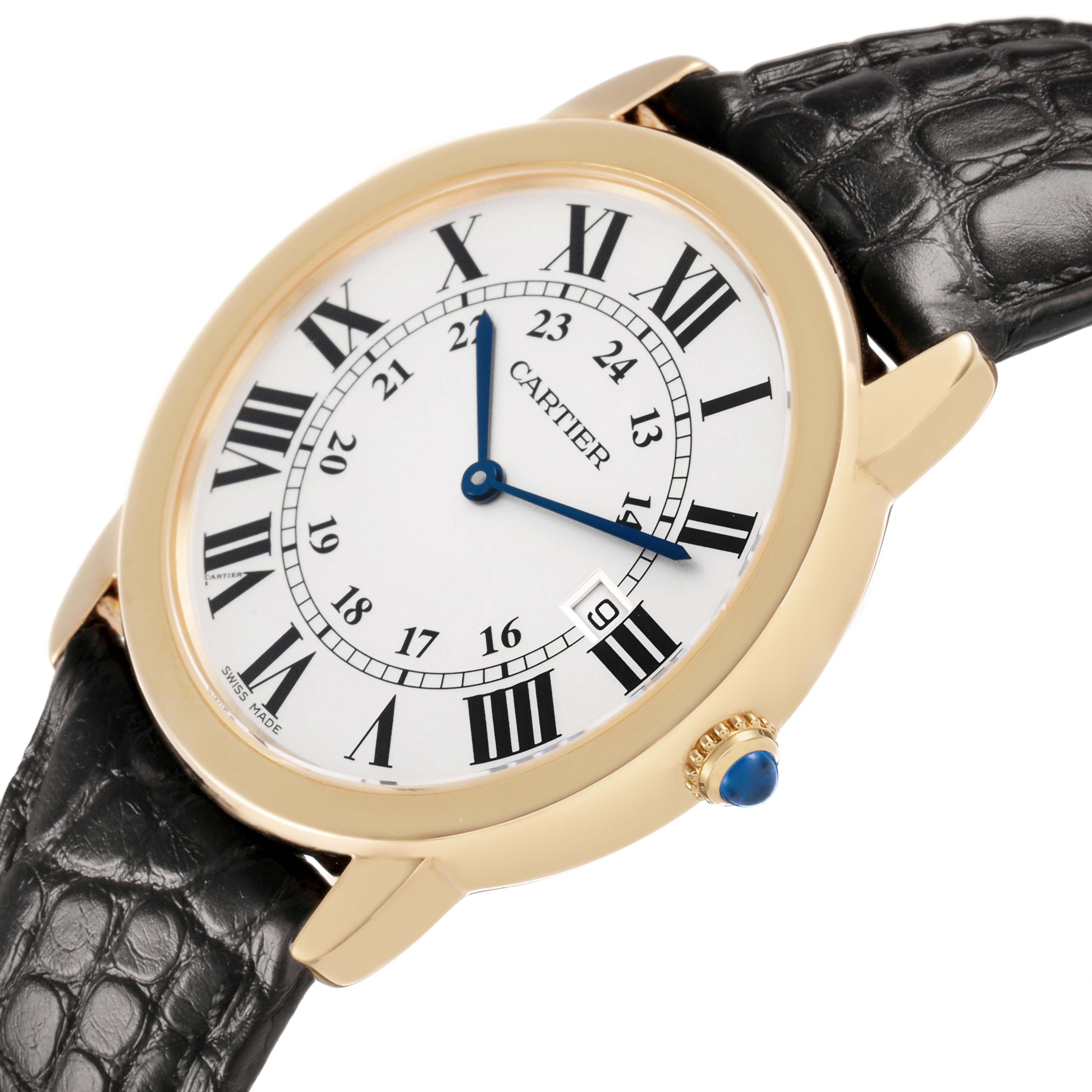 The Cartier Ronde W6700455 Men's Yellow Gold Silver Dial watch is shown at a slight side angle, displaying its gold case, Roman numeral dial, blue hands, and black leather strap.