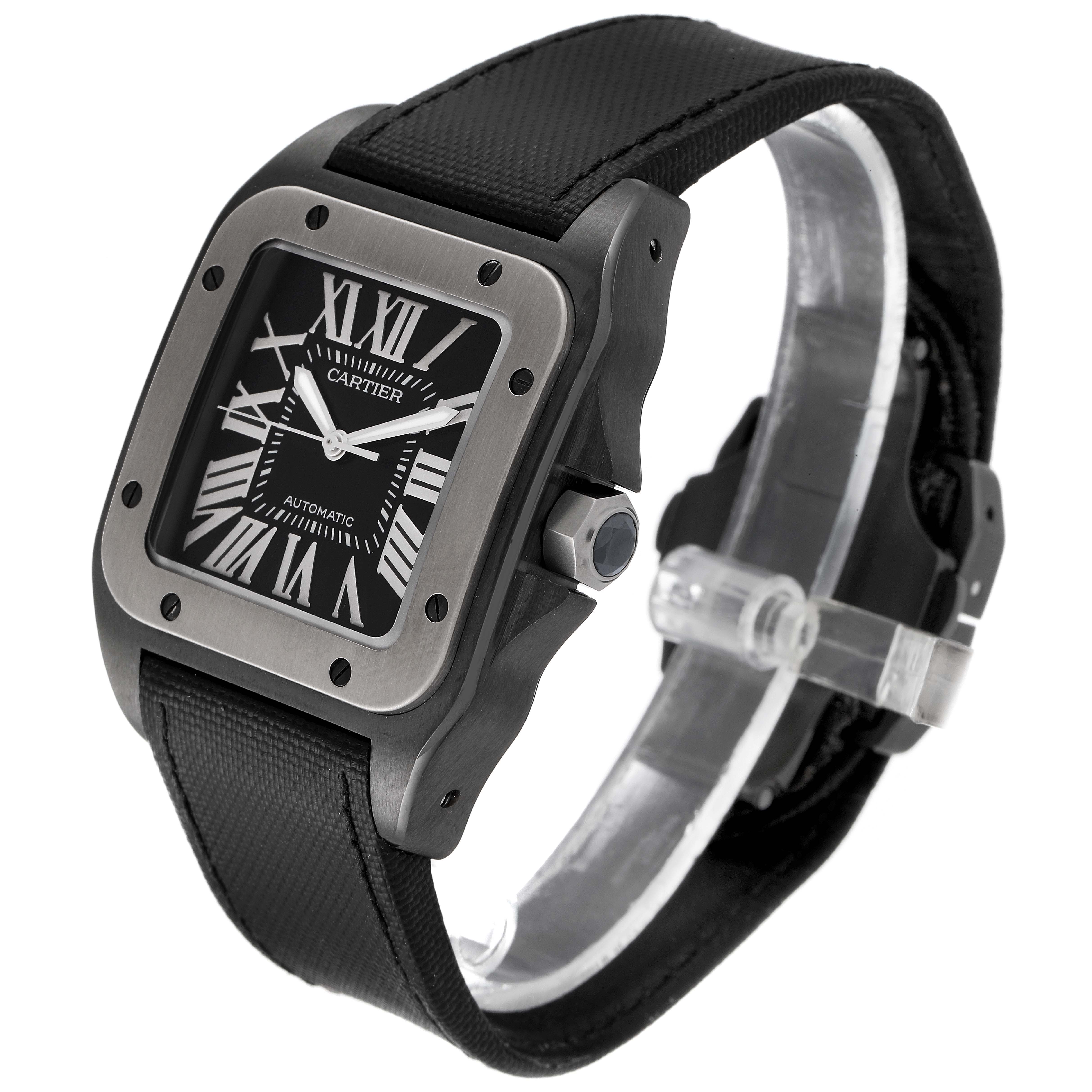 The Cartier Santos W2020010 Men's Stainless Steel Black Dial W2020010 Men's Stainless Steel Black Dial watch is shown at an angle displaying the face, bezel, crown, and strap.
