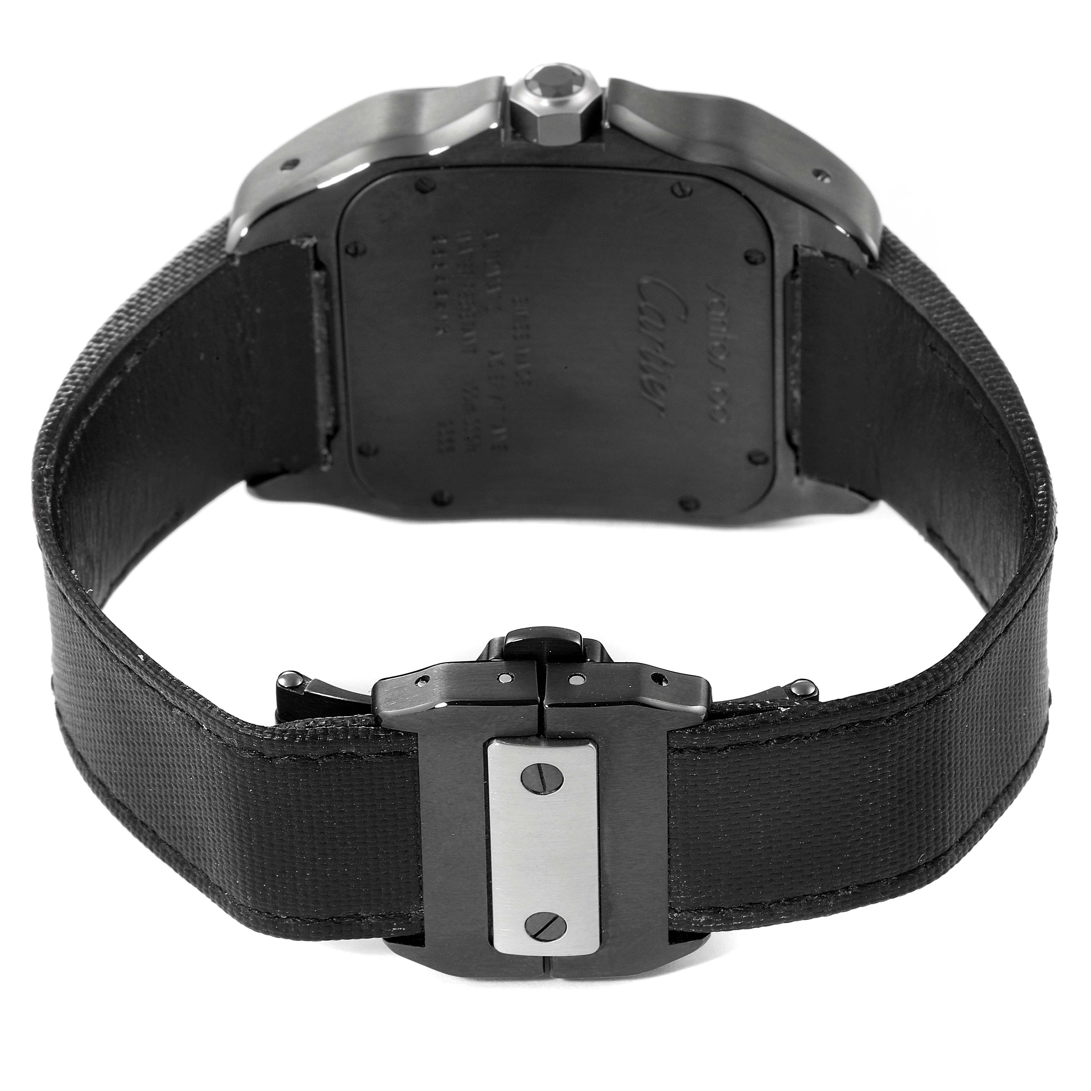 The image shows the back of the Cartier Santos W2020010 Men's Stainless Steel Black Dial W2020010 Men's Stainless Steel Black Dial watch and its closed black strap with clasp.