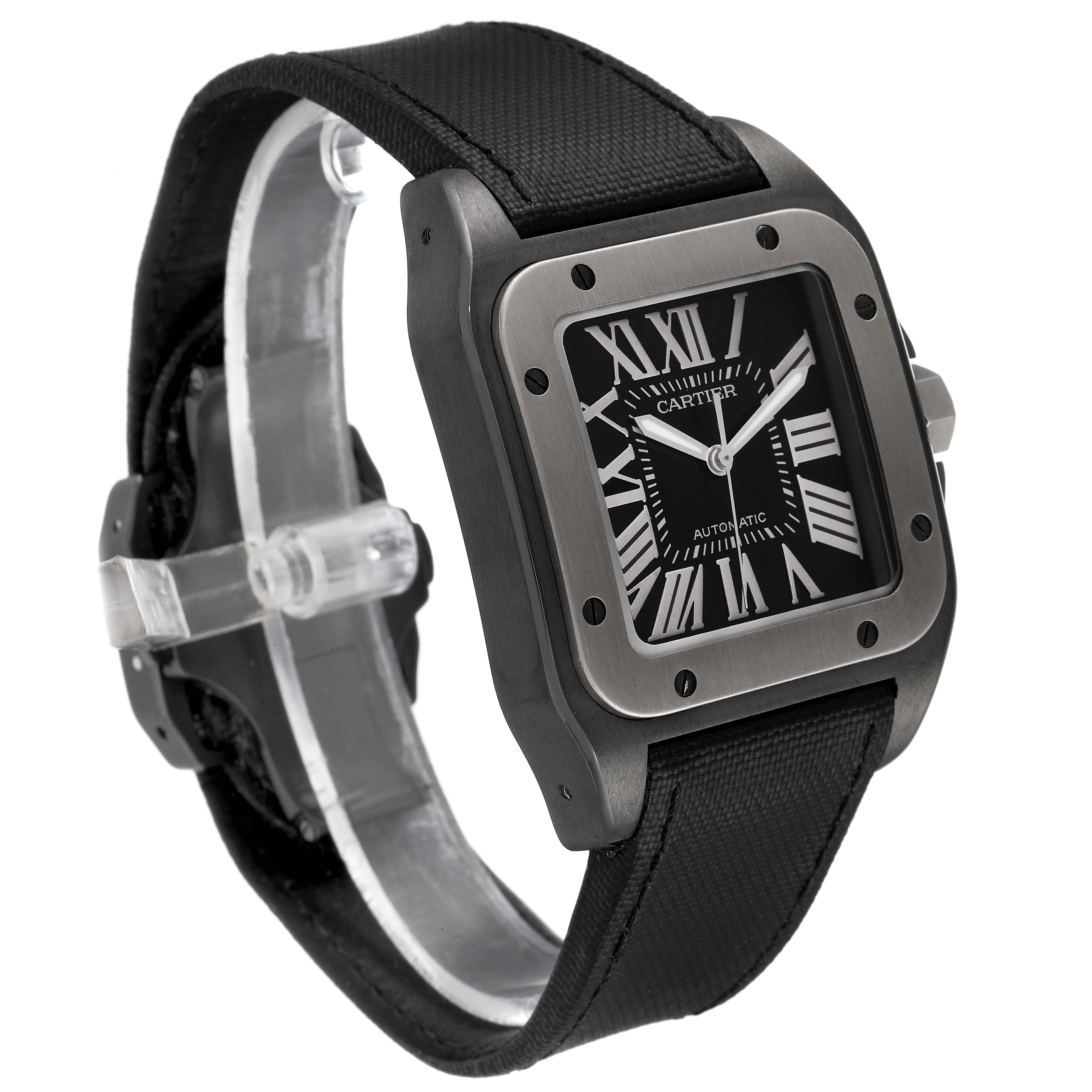 The image shows the Cartier Santos W2020010 Men's Stainless Steel Black Dial W2020010 Men's Stainless Steel Black Dial watch at a slight angle, highlighting the face, bezel, and strap.