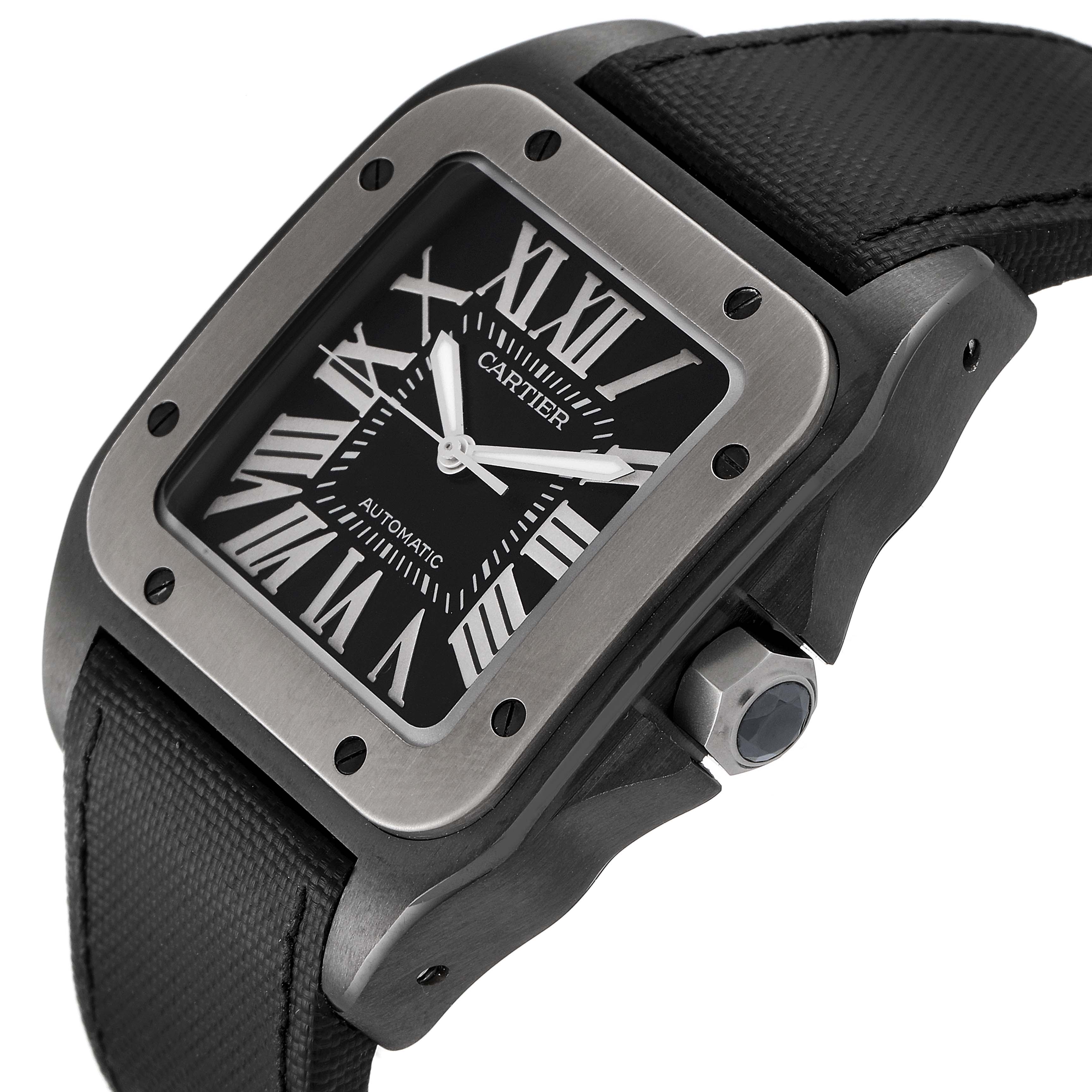 This image shows a Cartier Santos W2020010 Men's Stainless Steel Black Dial W2020010 Men's Stainless Steel Black Dial watch at an angle, highlighting the bezel, crown, dial, and strap.
