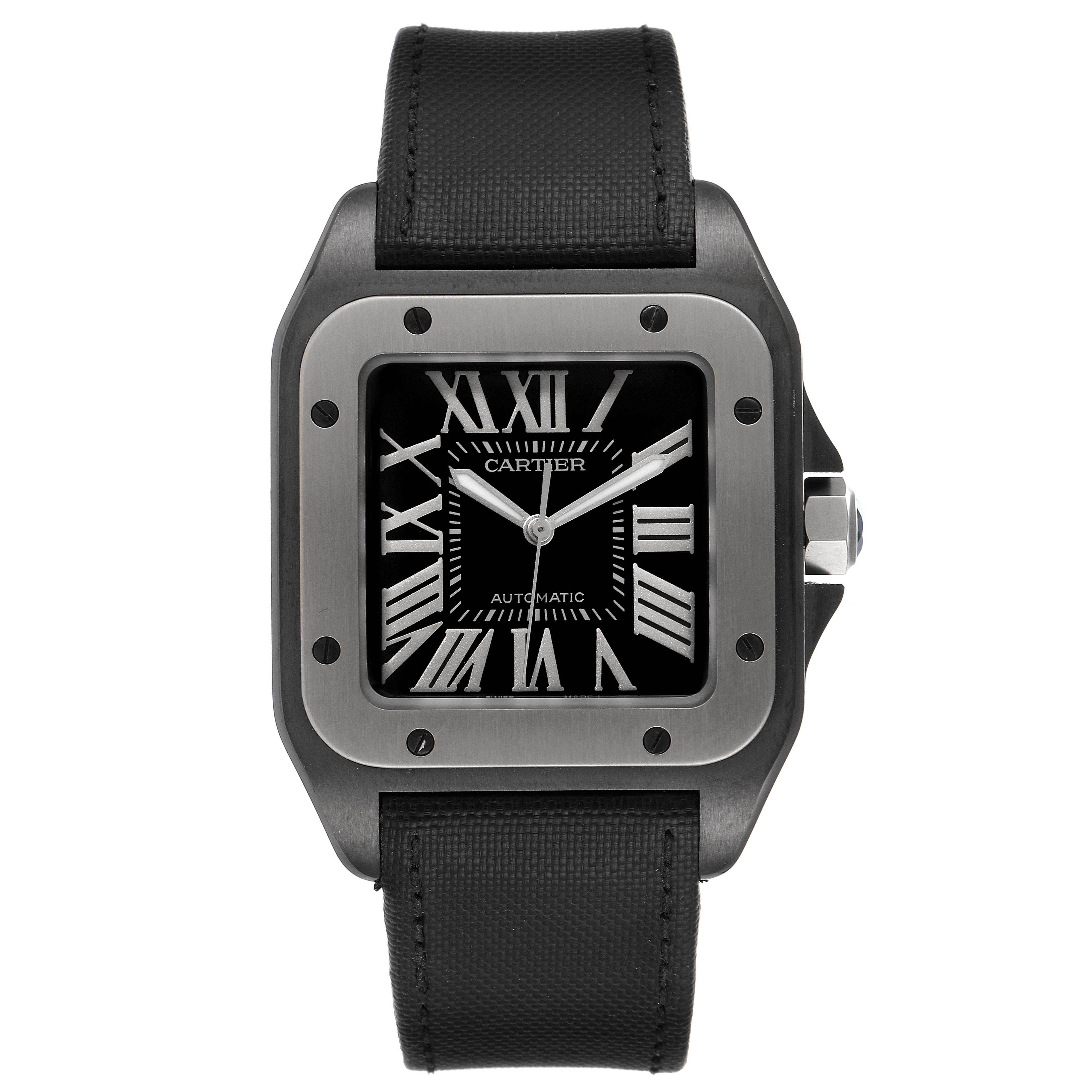 The image shows a front view of a Cartier Santos W2020010 Men's Stainless Steel Black Dial W2020010 Men's Stainless Steel Black Dial watch, highlighting the square face, Roman numerals, and black strap.