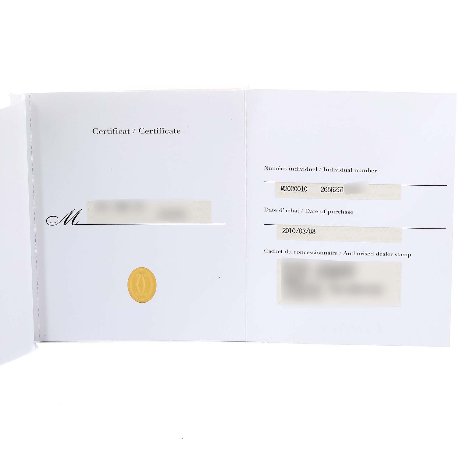 The image shows the certificate of authenticity and warranty for the Santos model by Cartier.