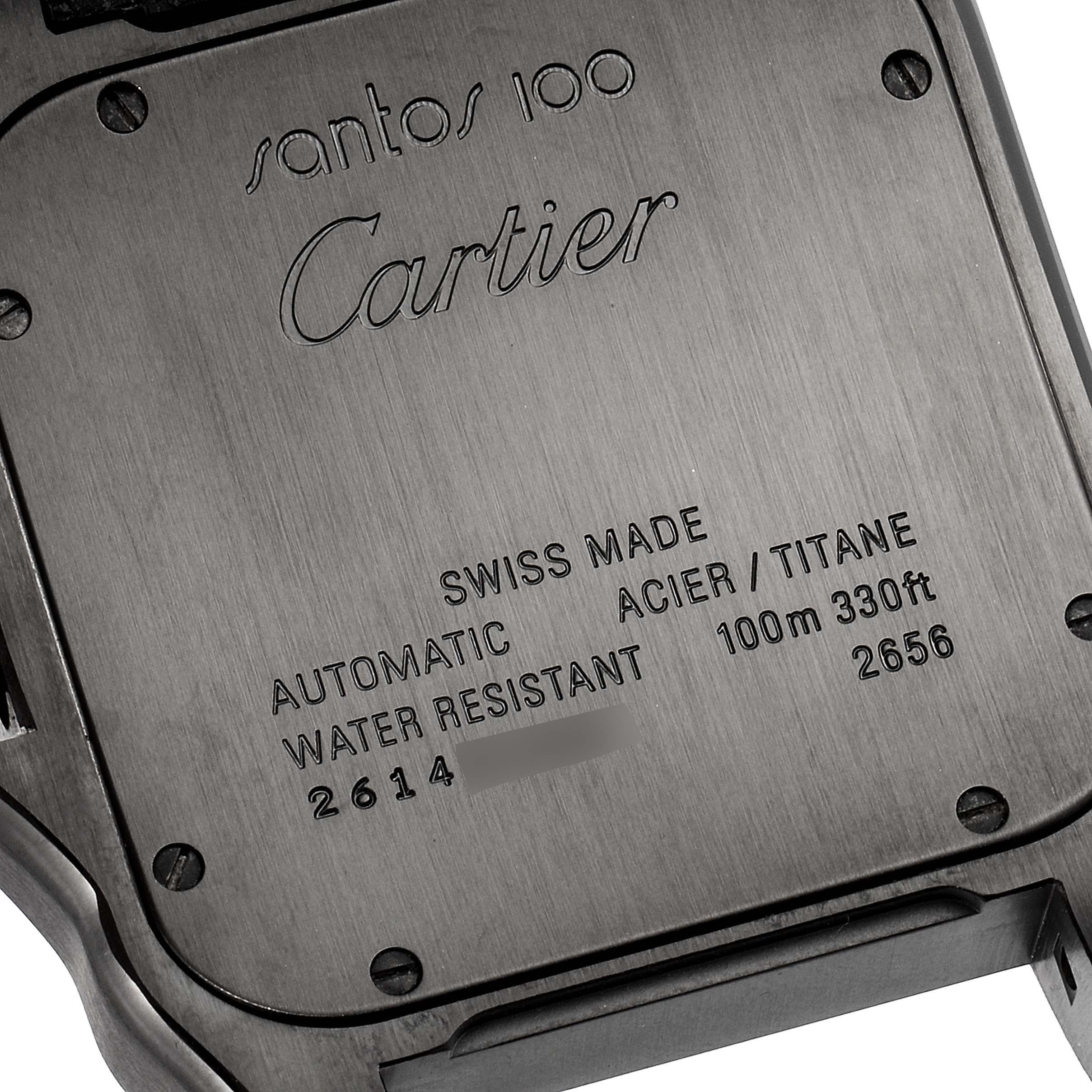 The image shows the back case of a Cartier Santos W2020010 Men's Stainless Steel Black Dial W2020010 Men's Stainless Steel Black Dial 100 watch, highlighting its specifications and branding.