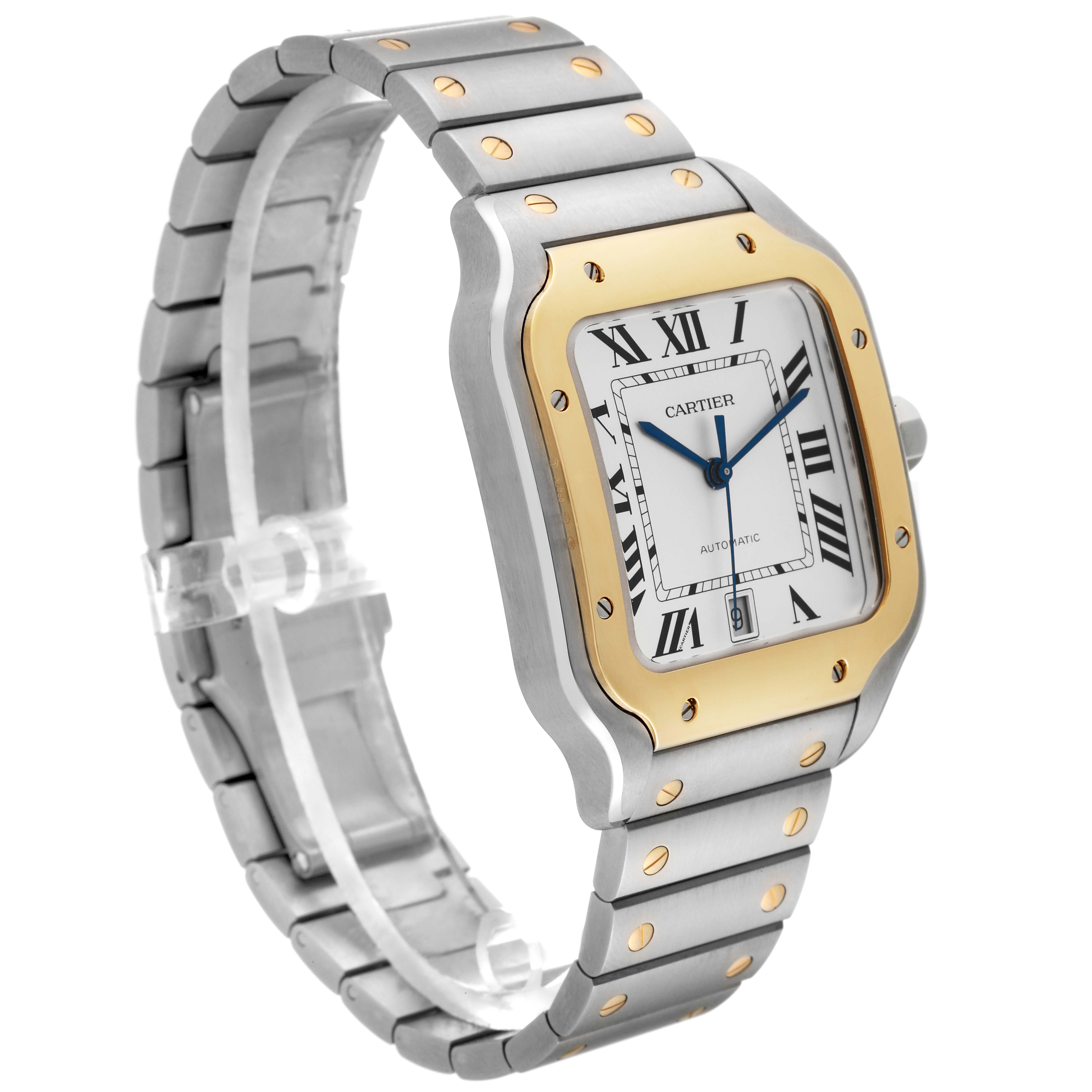 This image shows a Cartier Santos W2SA0009 Men's Steel and Gold (two tone) Silver Dial W2SA0009 Men's Steel and Gold (two tone) Silver Dial watch angled to display its face, bracelet, and bezel clearly.