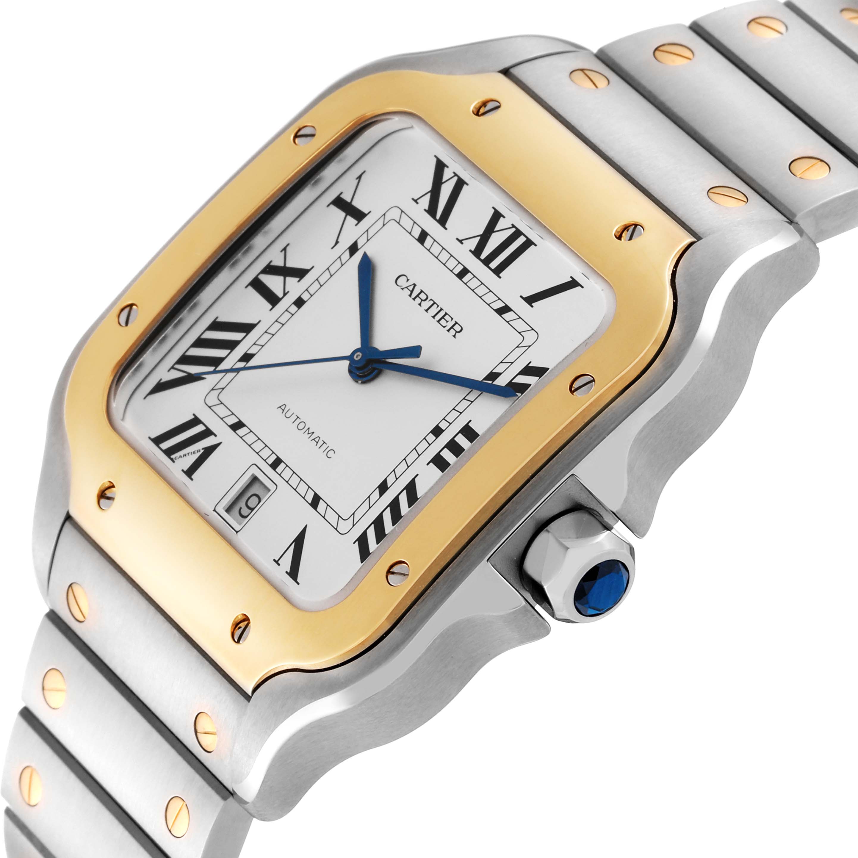 This image shows a close-up of a Cartier Santos W2SA0009 Men's Steel and Gold (two tone) Silver Dial W2SA0009 Men's Steel and Gold (two tone) Silver Dial watch, highlighting its dial, bezel, crown, and part of the bracelet.