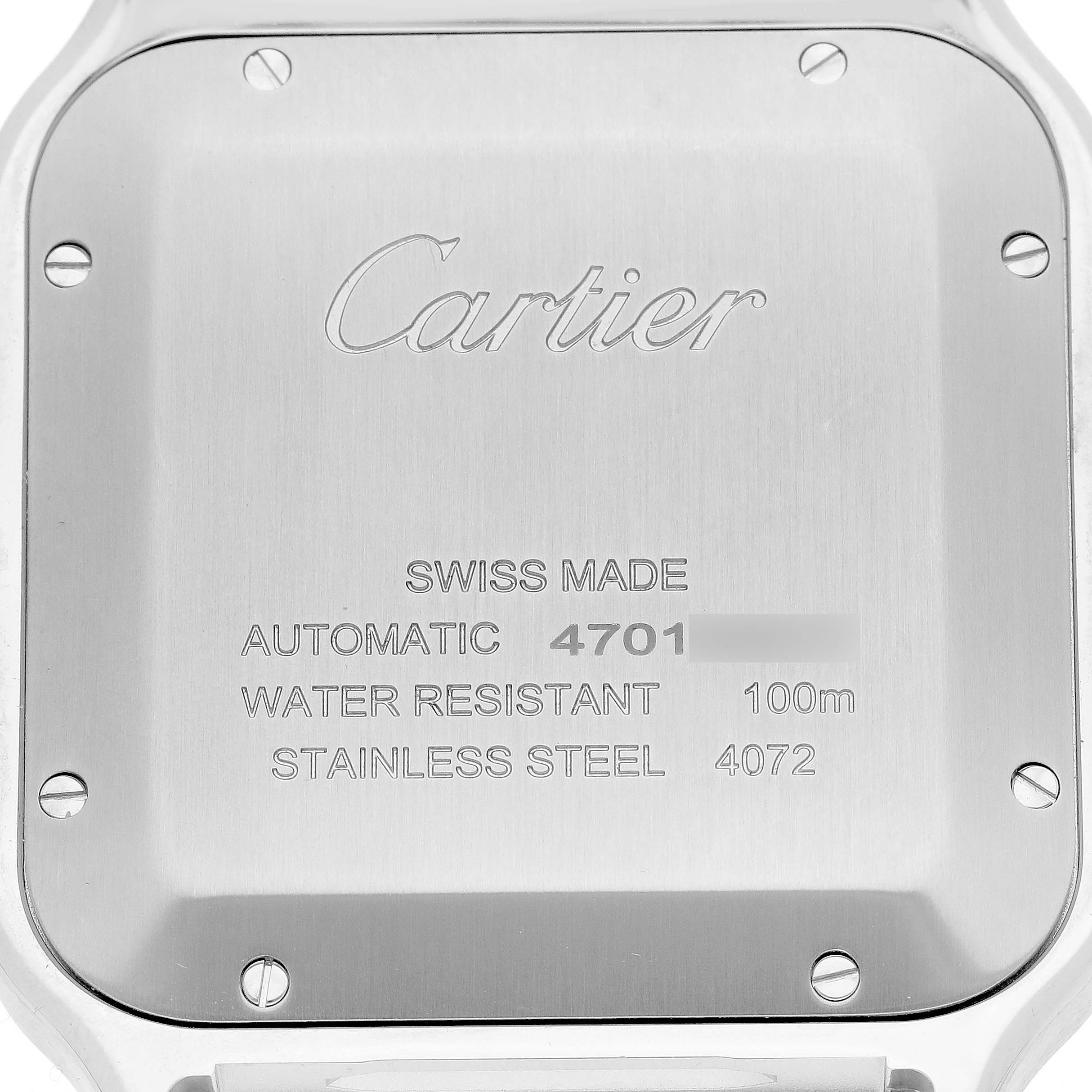 The image shows the back case of a Cartier Santos W2SA0009 Men's Steel and Gold (two tone) Silver Dial W2SA0009 Men's Steel and Gold (two tone) Silver Dial watch, displaying the brand and specifications.