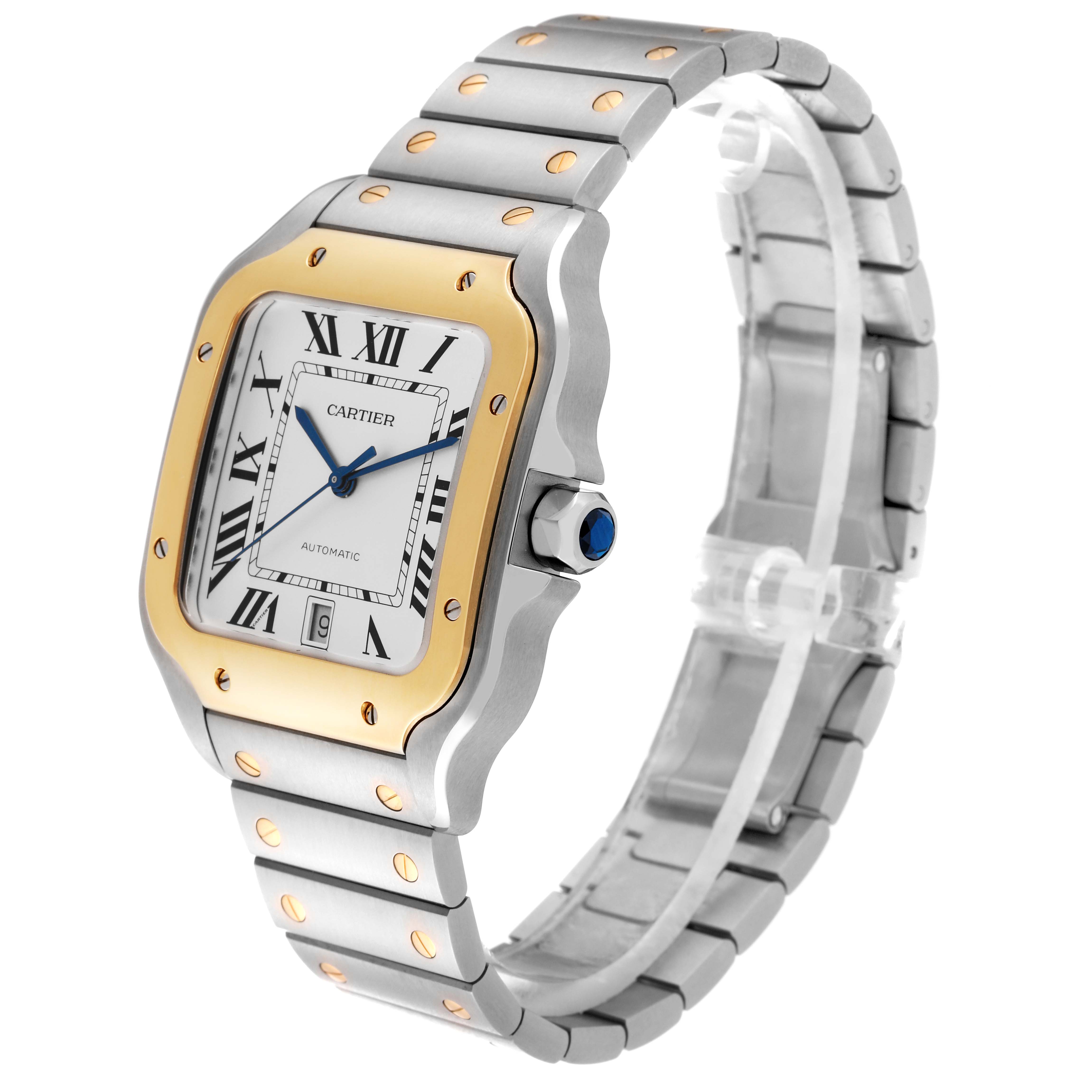 The Cartier Santos W2SA0009 Men's Steel and Gold (two tone) Silver Dial W2SA0009 Men's Steel and Gold (two tone) Silver Dial watch is shown at a right side angle, highlighting the square face, bezel, crown, and part of the bracelet.