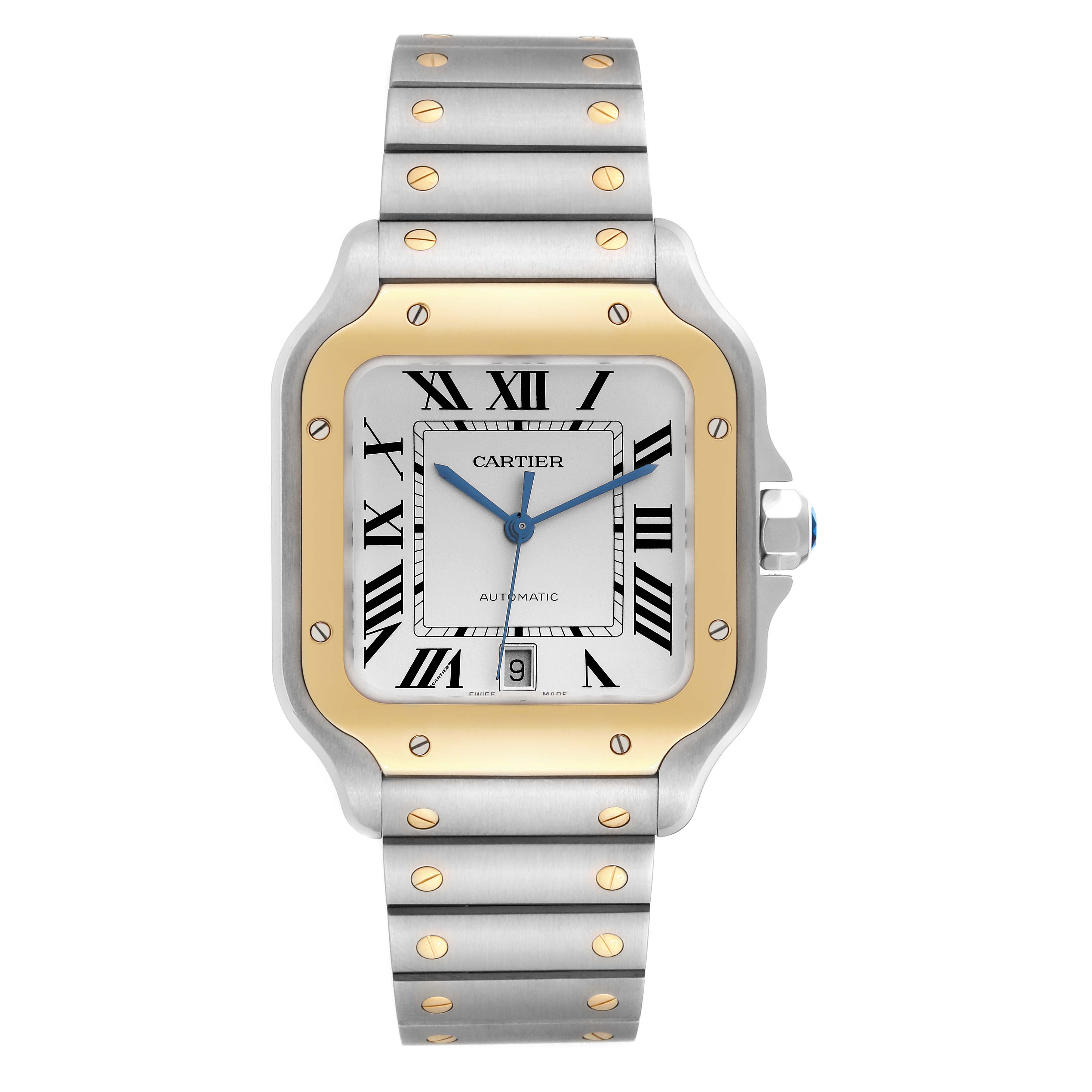 The Cartier Santos W2SA0009 Men's Steel and Gold (two tone) Silver Dial W2SA0009 Men's Steel and Gold (two tone) Silver Dial watch is shown from a front angle, highlighting its face, bezel, crown, and bracelet.