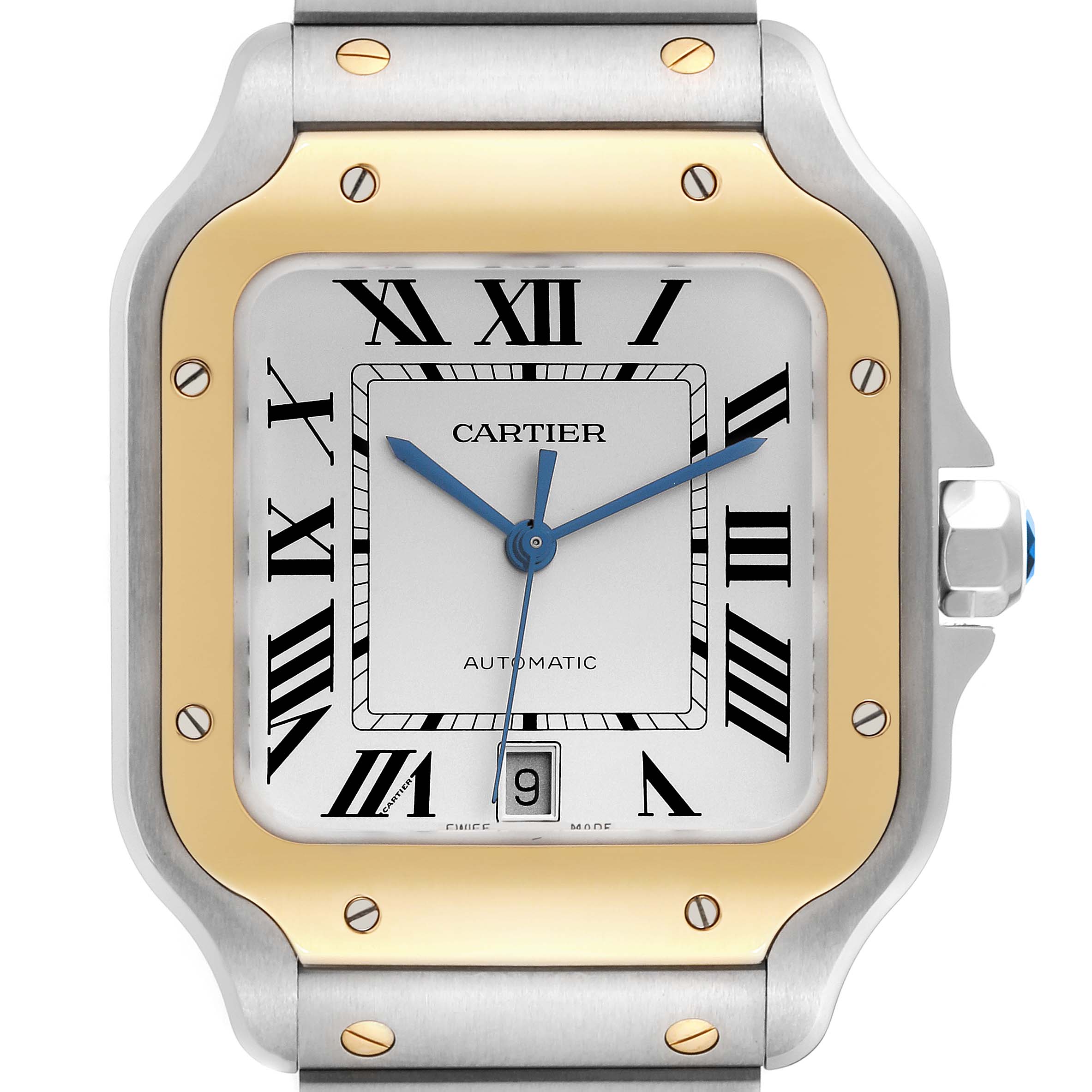 This image shows a close-up, front view of the dial and bezel of a Cartier Santos W2SA0009 Men's Steel and Gold (two tone) Silver Dial W2SA0009 Men's Steel and Gold (two tone) Silver Dial watch.