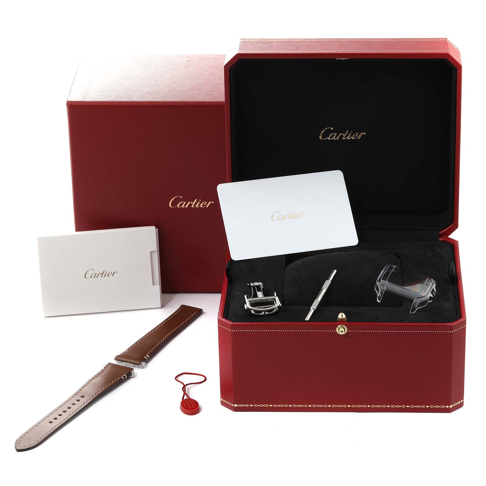 This image shows a Cartier Santos W2SA0016 Men
s Steel and Gold (two tone) Silver Dial W2SA0016 Men
s Steel and Gold (two tone) Silver Dial watch set, including a strap, tool, casing, warranty card, and red Cartier boxes.