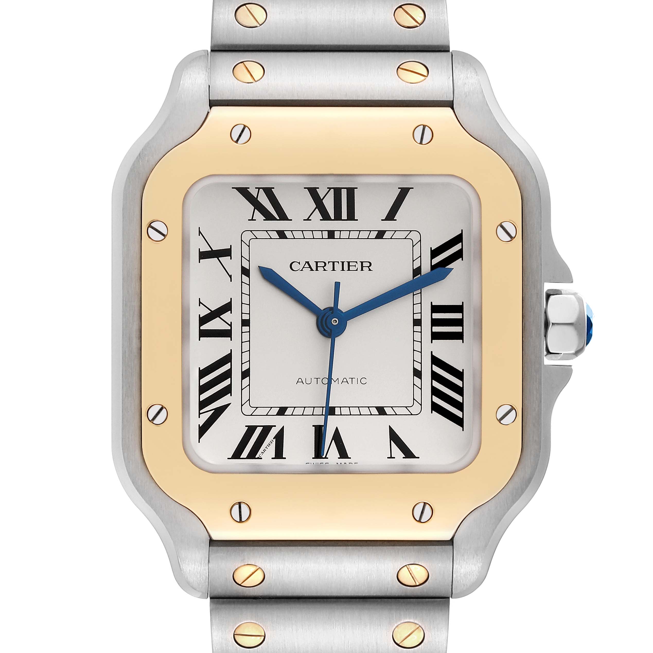 The image shows a close-up front view of the Cartier Santos W2SA0016 Men
s Steel and Gold (two tone) Silver Dial W2SA0016 Men
s Steel and Gold (two tone) Silver Dial watch, highlighting the case, dial, and part of the bracelet.