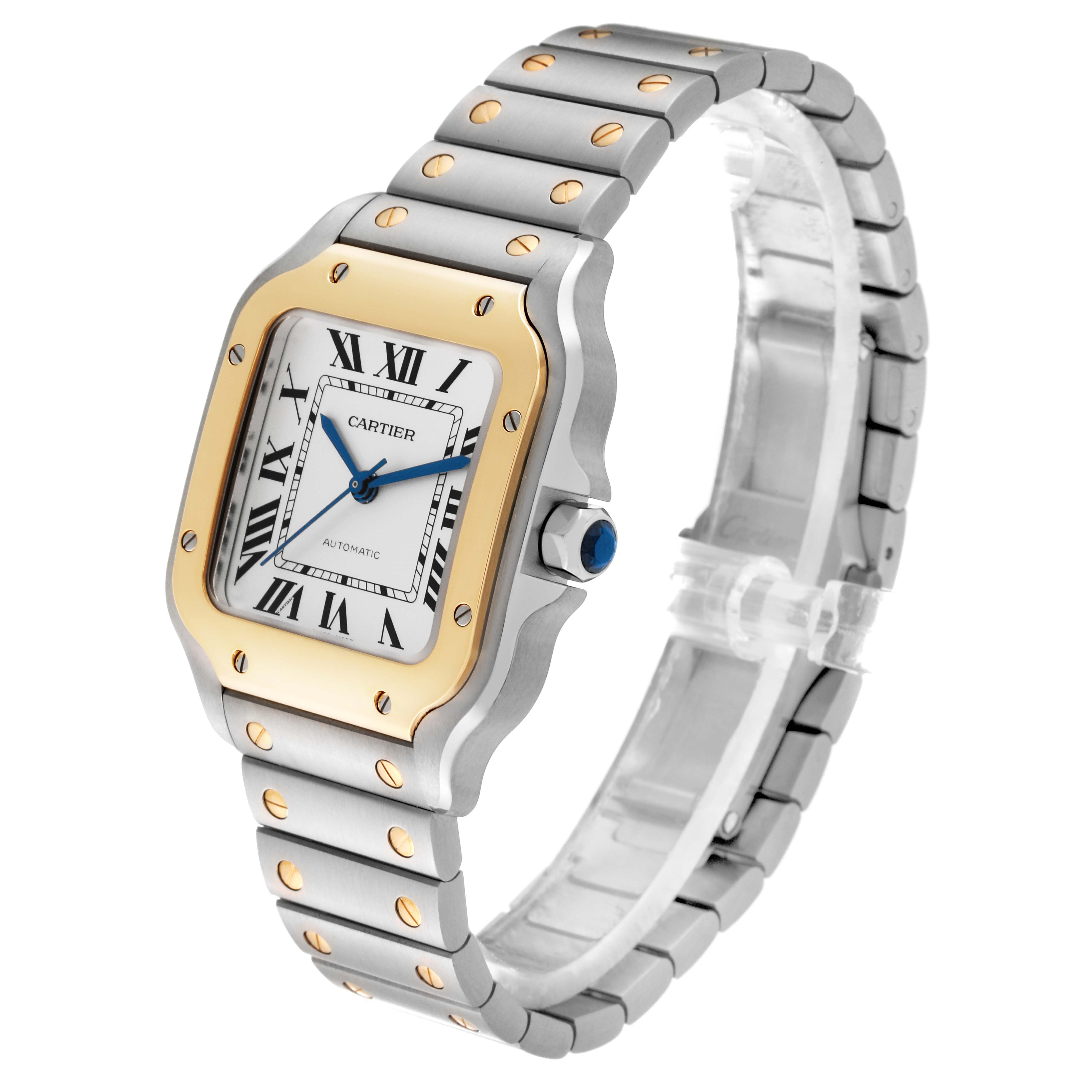 The image shows a Santos model Cartier watch from an angled top-front view, highlighting the face, bezel, and bracelet.