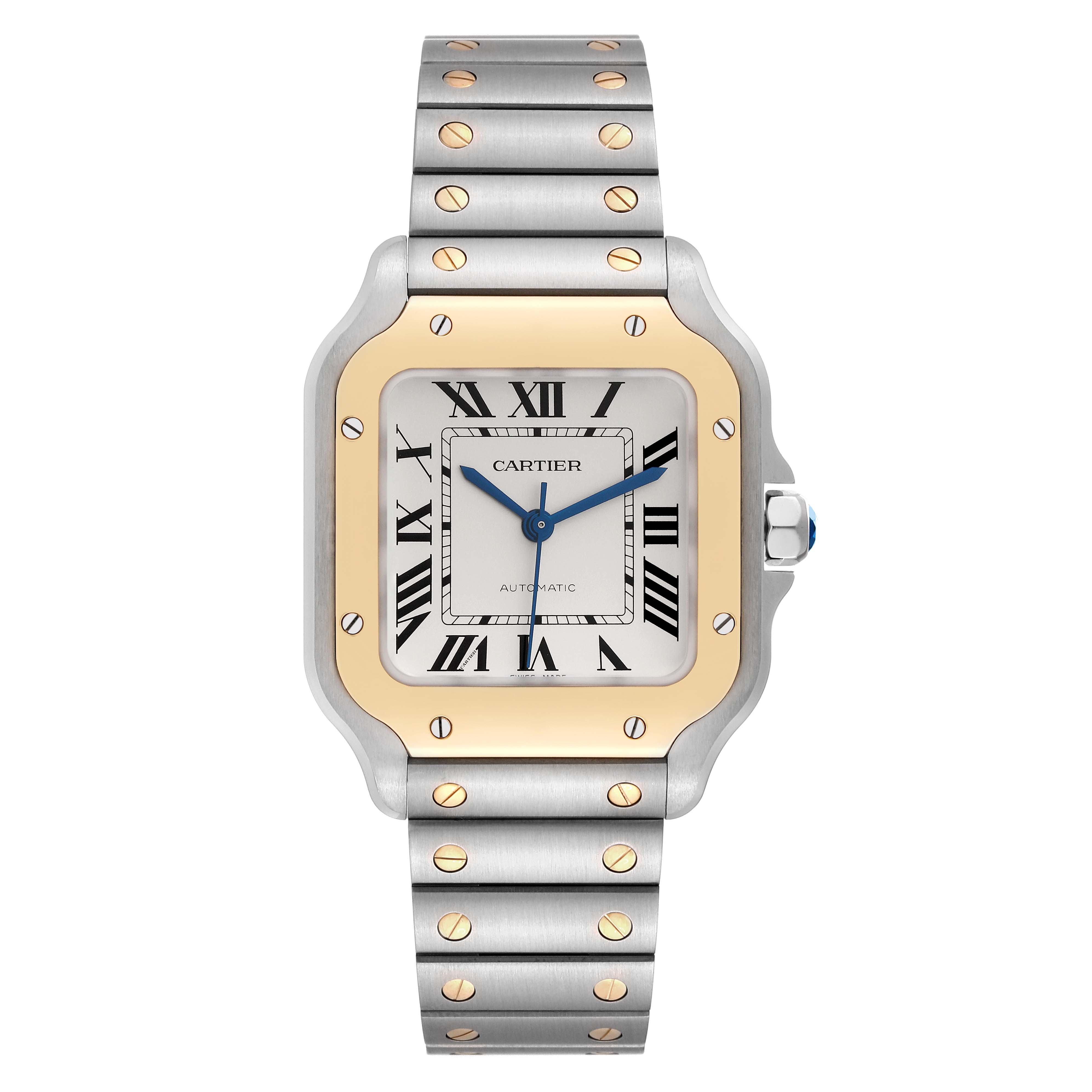 This image shows a frontal view of the Cartier Santos W2SA0016 Men
s Steel and Gold (two tone) Silver Dial W2SA0016 Men
s Steel and Gold (two tone) Silver Dial watch, including the dial, bezel, case, and bracelet.