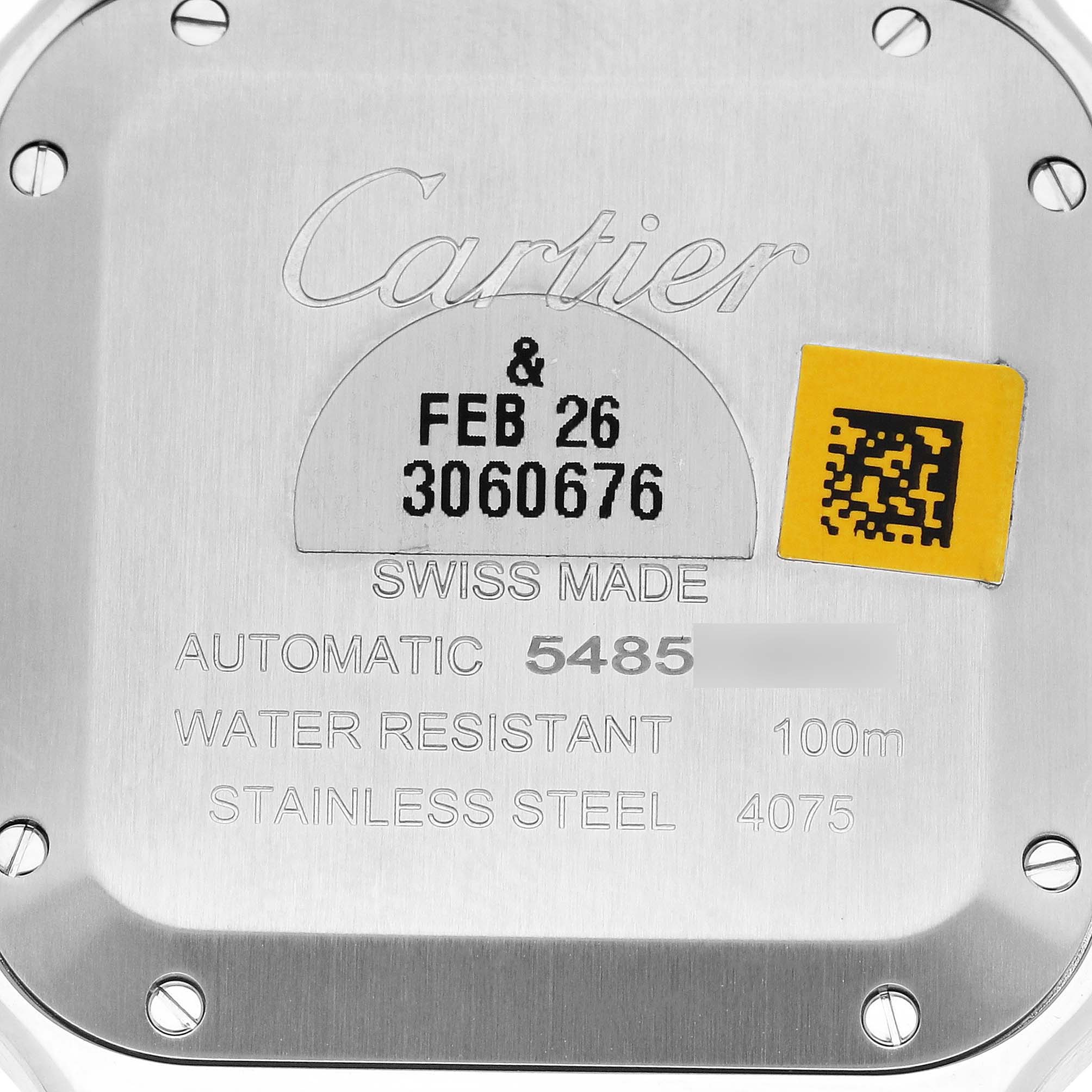 The image shows the case back of a Cartier Santos W2SA0016 Men
s Steel and Gold (two tone) Silver Dial W2SA0016 Men
s Steel and Gold (two tone) Silver Dial watch, indicating its stainless steel construction, water resistance, and other specifications.