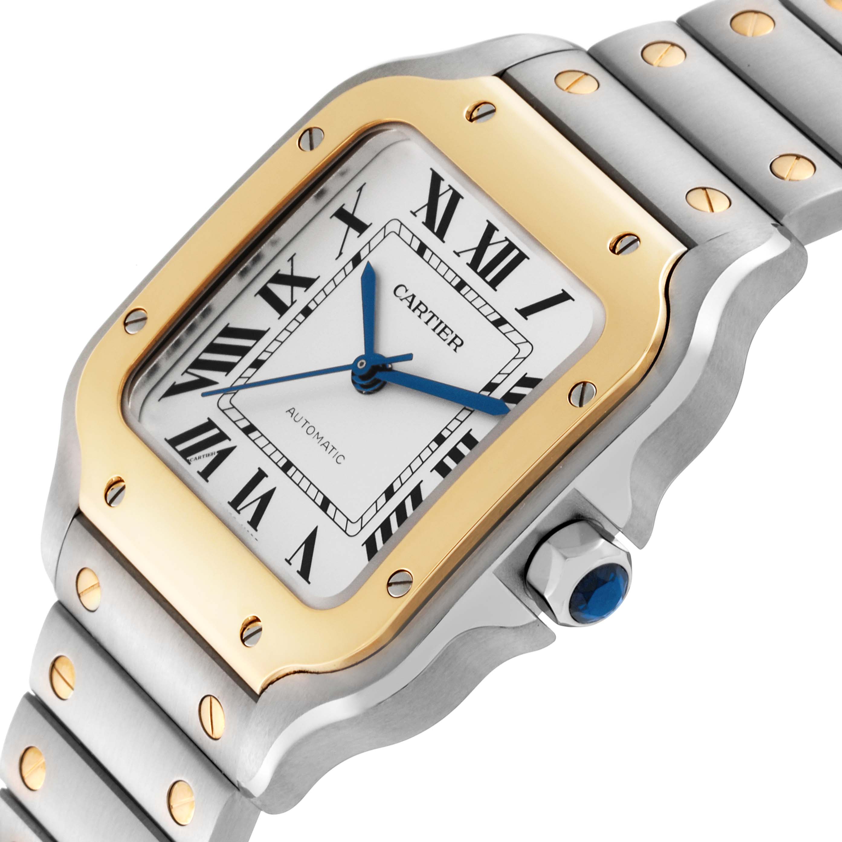 This image shows a close-up of the face and part of the bracelet of a Cartier Santos W2SA0016 Men
s Steel and Gold (two tone) Silver Dial W2SA0016 Men
s Steel and Gold (two tone) Silver Dial watch.