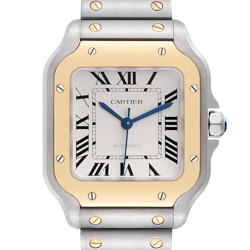 The Cartier Santos watch is shown from a front angle, highlighting the dial, bezel, and part of the bracelet.