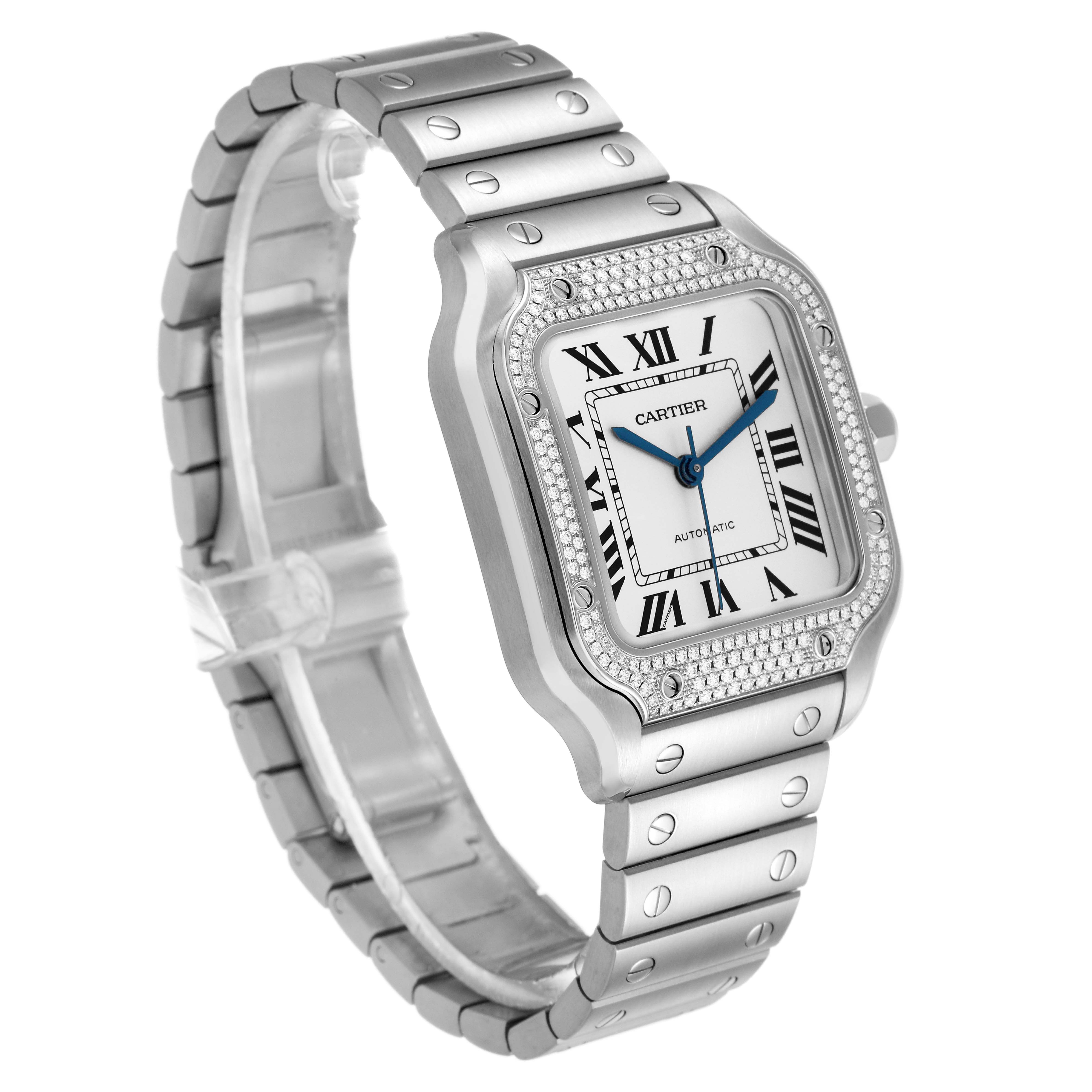 The Cartier Santos W4SA0005 Men's Stainless Steel Silver Dial watch is shown from a three-quarter angle, displaying its face, bracelet, and side details.