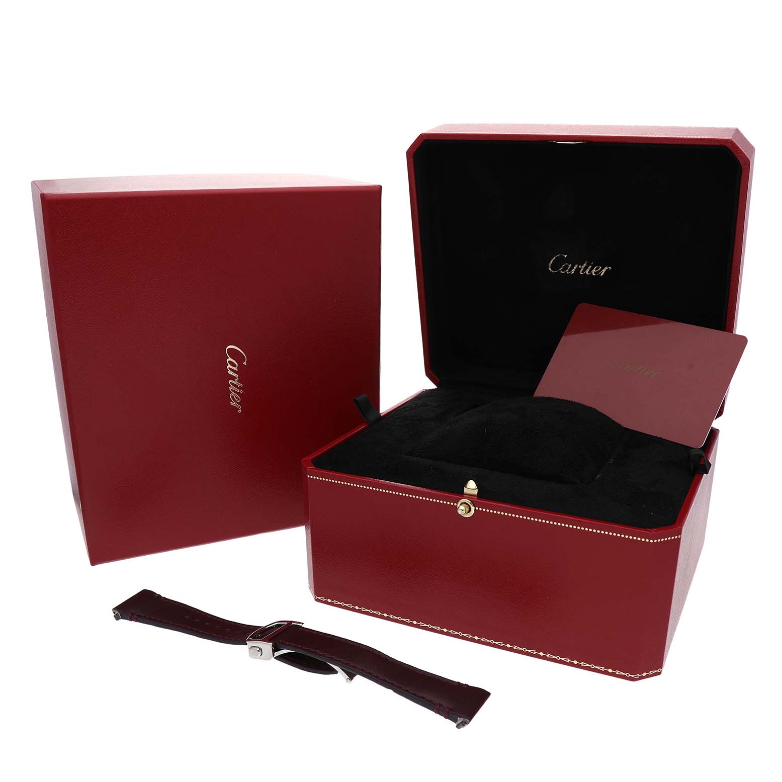 The image shows the Cartier Santos W4SA0005 Men's Stainless Steel Silver Dial watch box and an additional watch strap, viewed from a side angle.