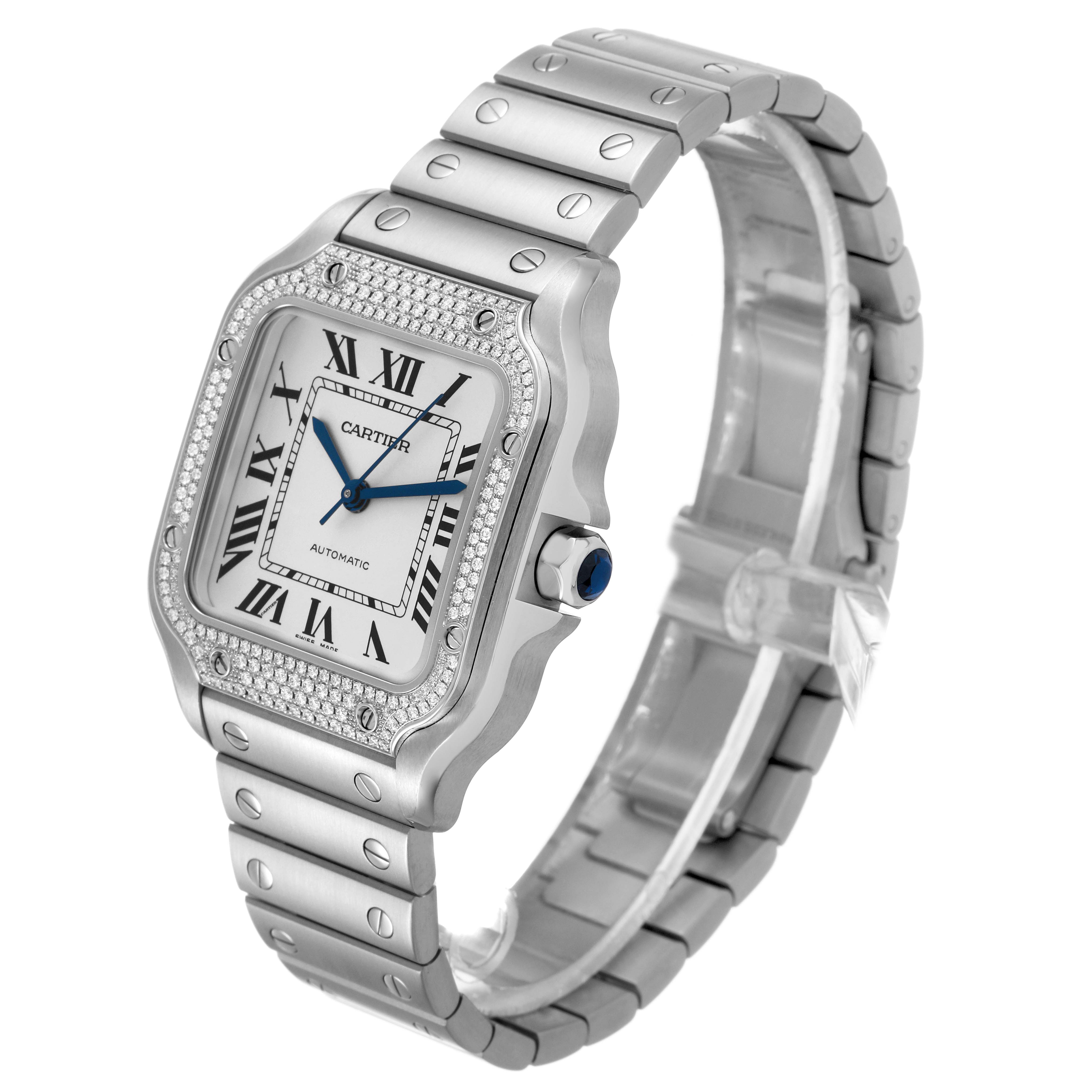 The Cartier Santos W4SA0005 Men's Stainless Steel Silver Dial watch is angled to show the face, bezel, crown, and part of the bracelet.